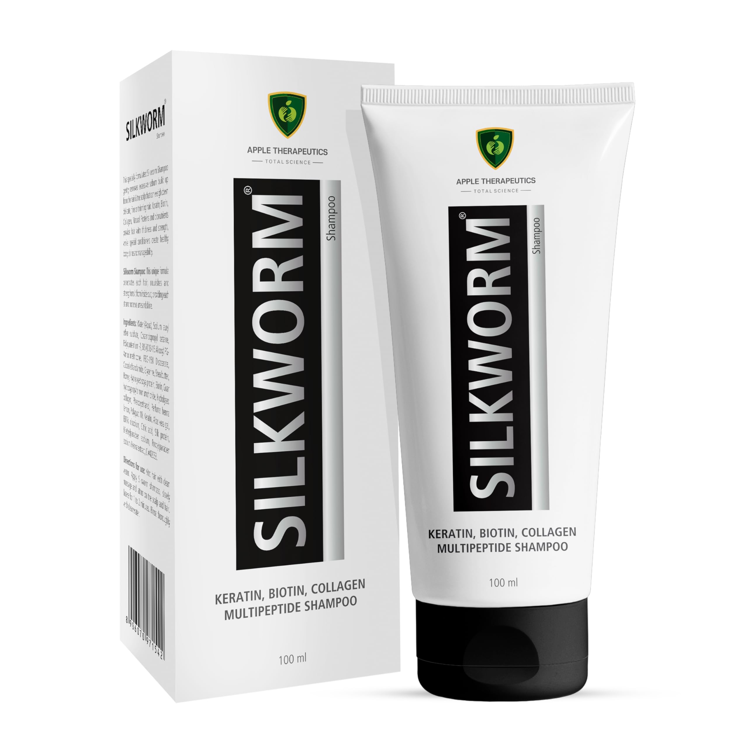 APPLE THERAPEUTICS Silkworm Shampoo 100ml|Dermatologist Recommended Keratin Rich Multi Peptide Anti Hair Fall Shampoo with Biotin&Collagen Conditioning Formula for Smooth&Silky Hair| for Women&Men
