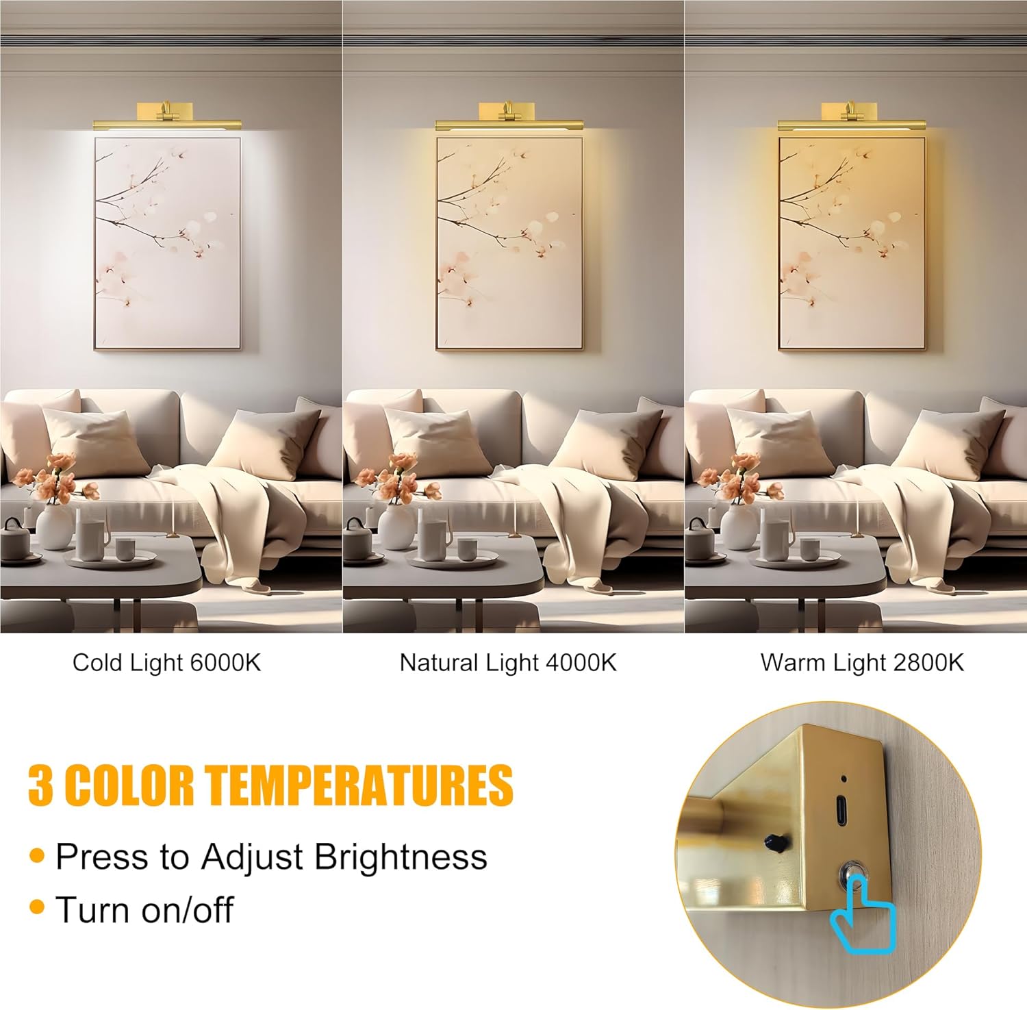 14in Picture Light,Battery Operated Picture Light,Brass,with Remote and Timer,Wall Pictures,Dimmable for Display Photo,Frame,Portrait.
