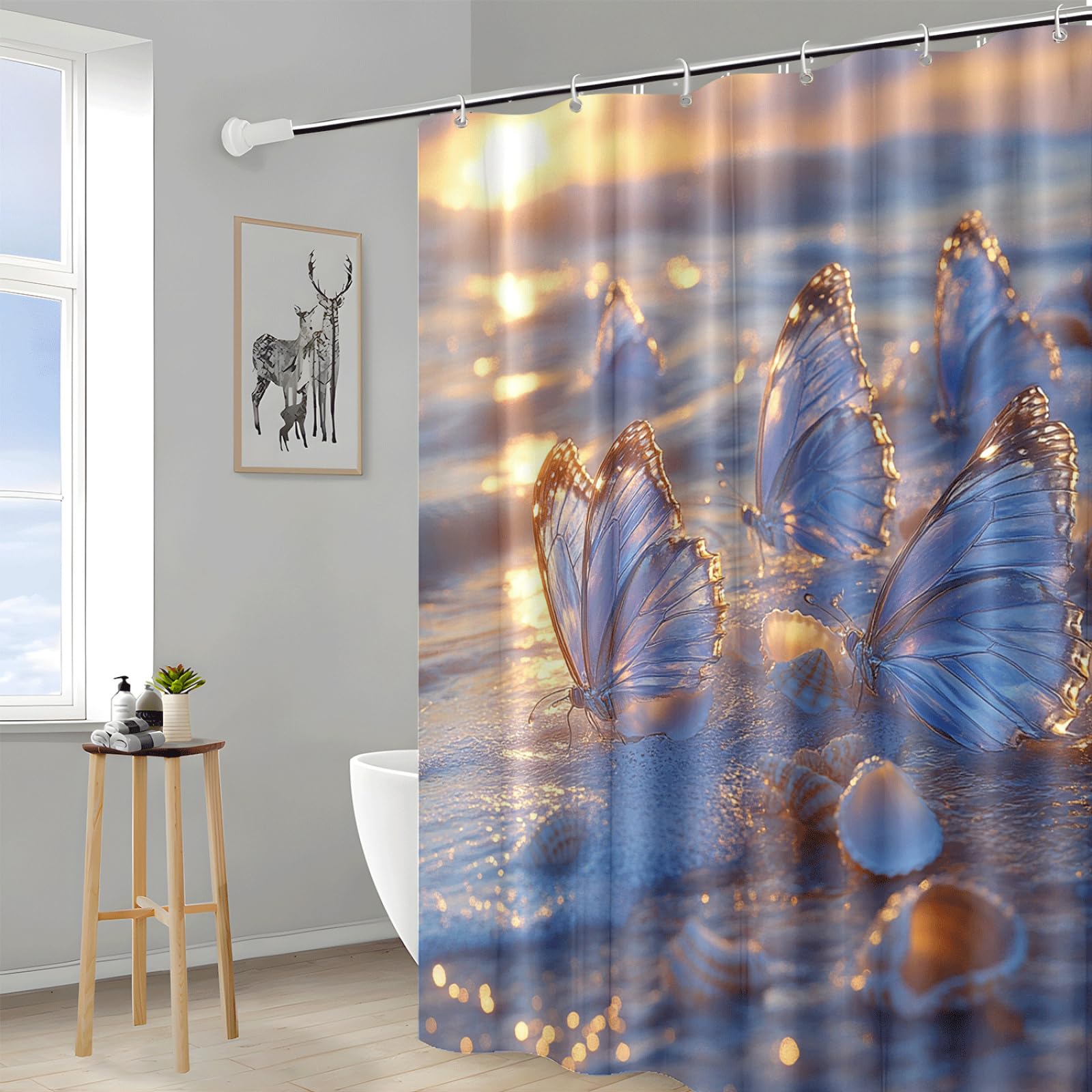 Cortina de Ducha Mariposa De Playa Púrpura Cortina Baño Antimoho Impermeable Tela Poliéster Lavable para Familiar Bañera Dormitorio Hotel Reutilizable Cortinas Ducha (180x220cm)