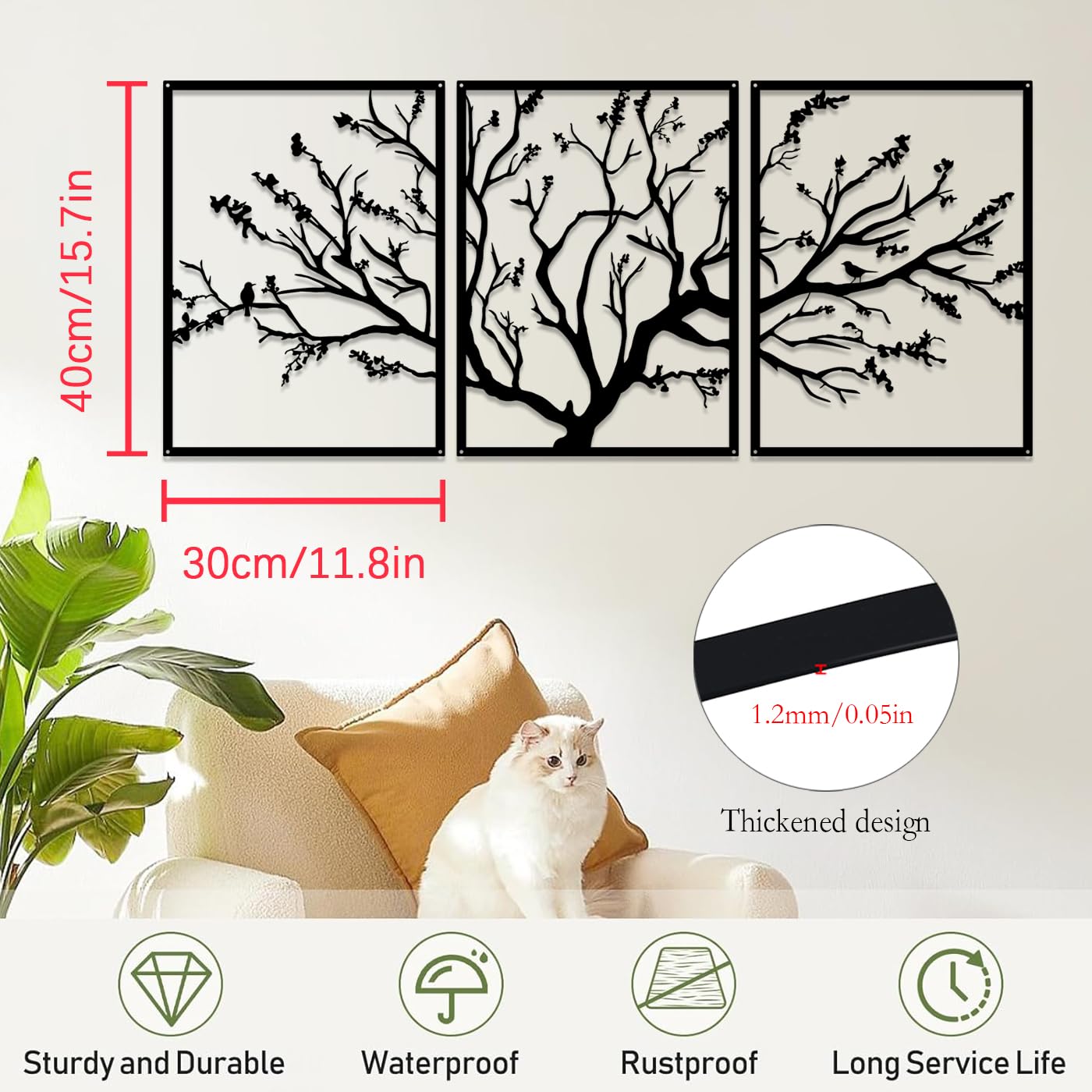 Pduoduo Décoration Murale Métal 3 Panneaux – Branche D'Arbre Moderne Noire, 135 X 60 Cm, Style Minimaliste