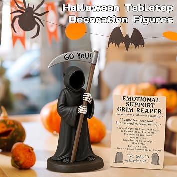 Gothic Reaper Emotional Support Figurine, Halloween Grim Resin Sculpture Ornaments, Hand-Painted the Reaper Statues Accessories with Emotional Support Card Desk Decoration, Encouragement Gift Decor