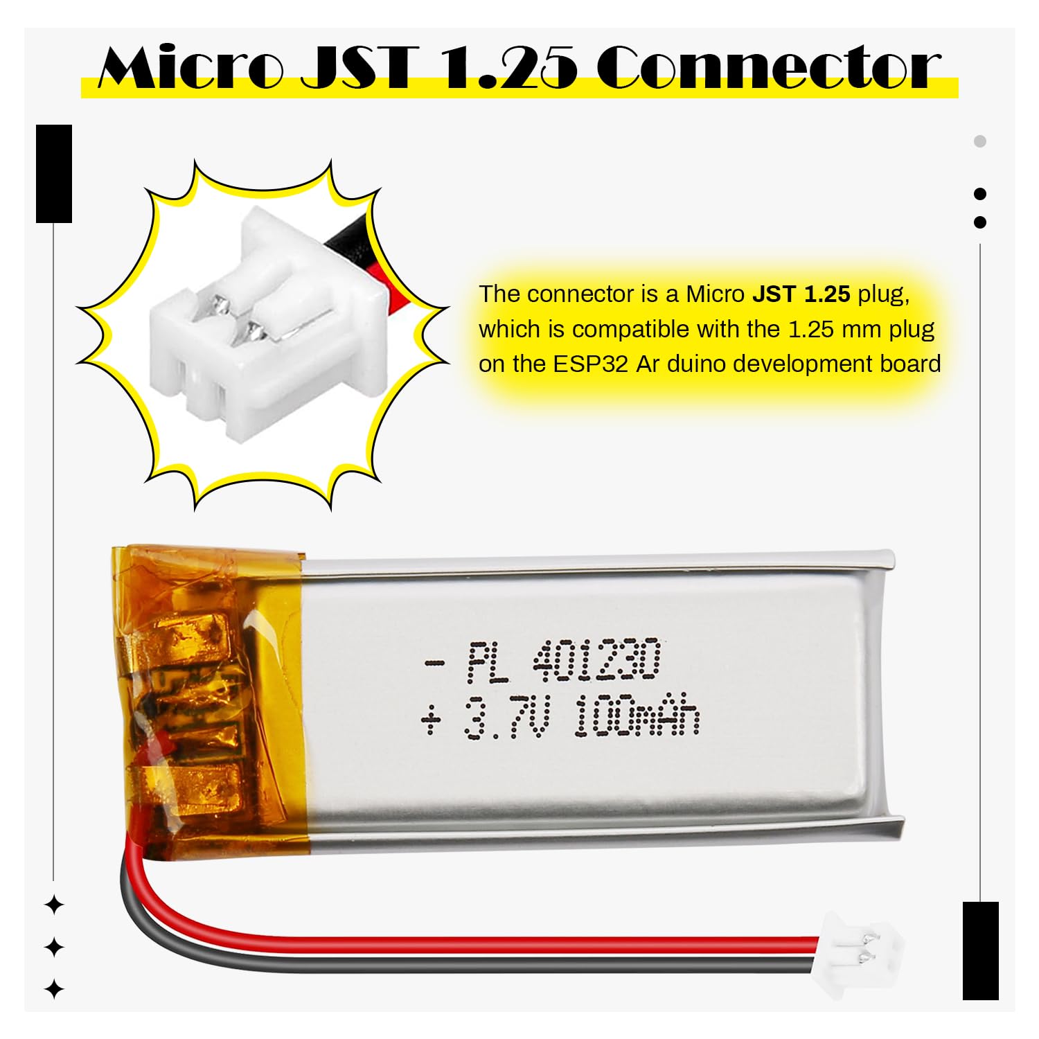 Batterie LiPo 3.7V 100mAh 401230 - Batterie Lithium-polymère Rechargeable avec Carte de Protection et connecteur Micro JST 1.25 pour appareils électroniques - 5