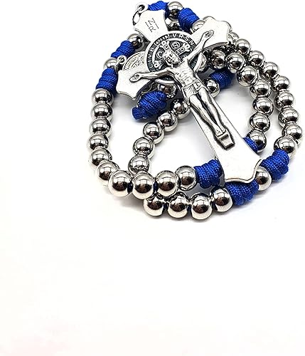 Miniatura 3 de Collar azul pesado con cordón de San Benito Rosario con tarjeta Acero inoxidable No es una piedra preciosa