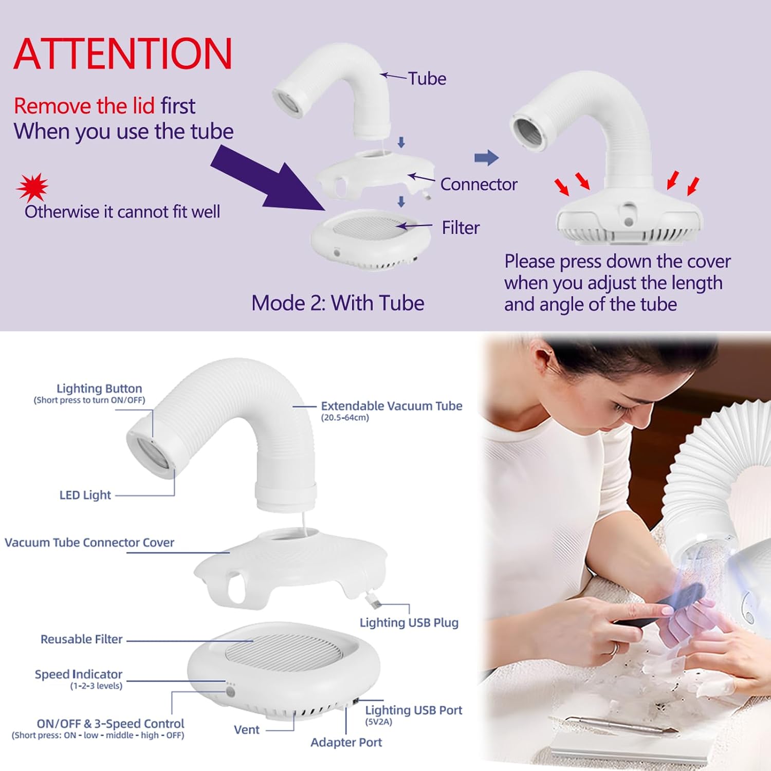 Nail Dust Collector Tech Professional: LED Light Flexible Tube 650PA Powerful Suction - Nail Dust Vacuum Machine 3 Adjustable Speeds Ultra-Quiet for Manicure Pedicure Model Craft Sanding