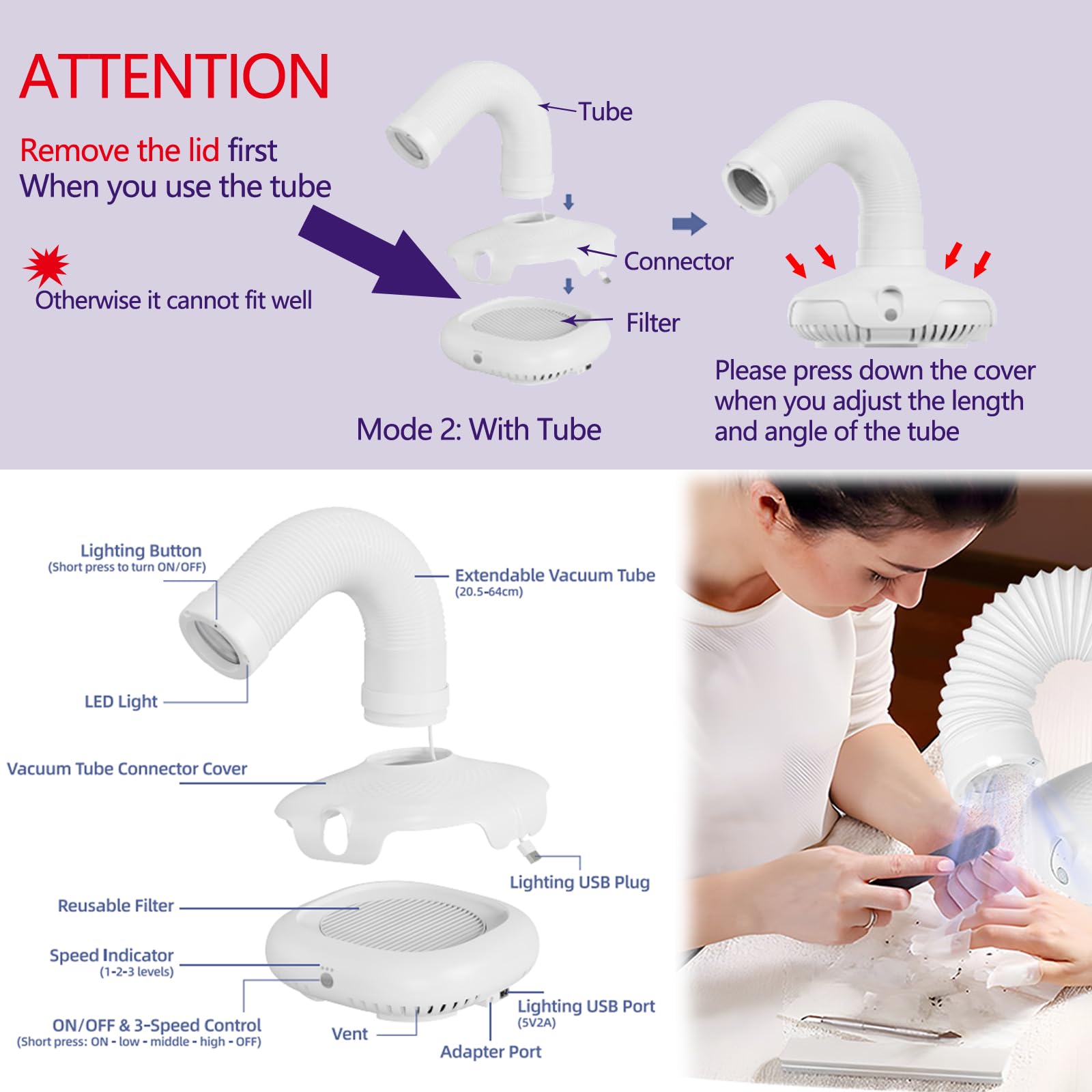 Collettore di polveri per unghie, professionale, con luce LED e tubo flessibile a 360°, potente aspirazione (650PA), 3 velocità regolabili, ultra silenzioso (45-60 dB) per manicure, pedicure