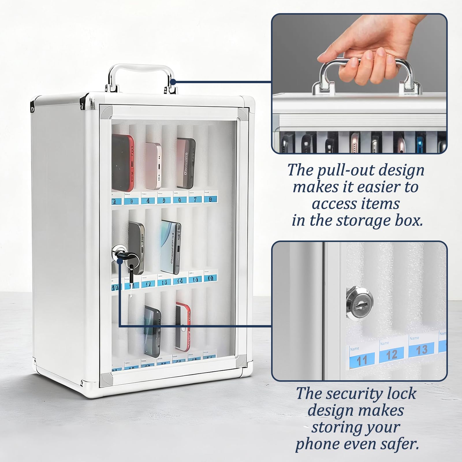 Handy Aufbewahrungsschrank 24 Slots Aluminiumlegierung Handygarage mit Schlüssel Griff Tragbar Wandmontierbar Handytresor