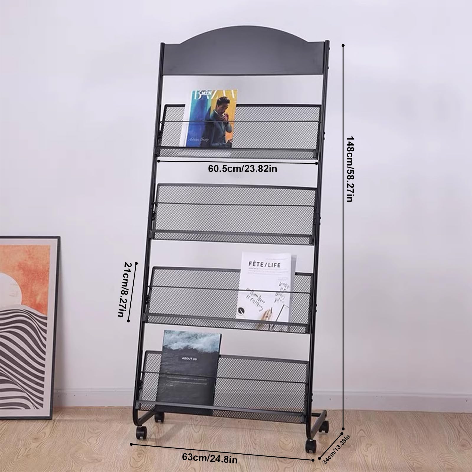 Présentoirs Support Au Sol Porte-brochures,Porte-revues,Présentoir à livres,Kiosque à Journaux Titulaire,3 feuilles A4 de largeur,Porte-revues,Avec roues universelles,Noir