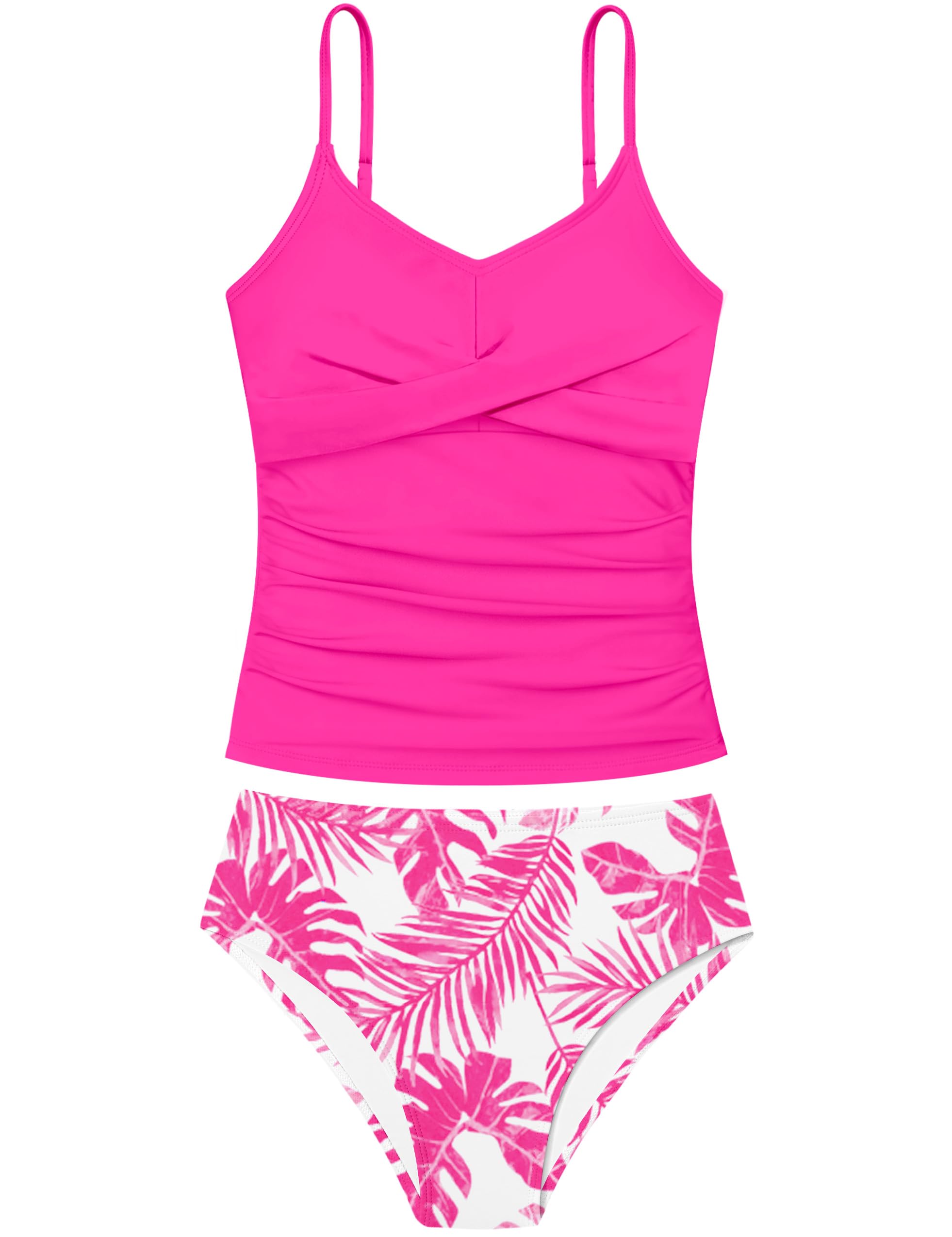 Girls Swimsuit 2 Piece Bathing Suit Criss Cross Ruched Girl Tankini Sets Printed Girls' Swimwear for 9-18 Years