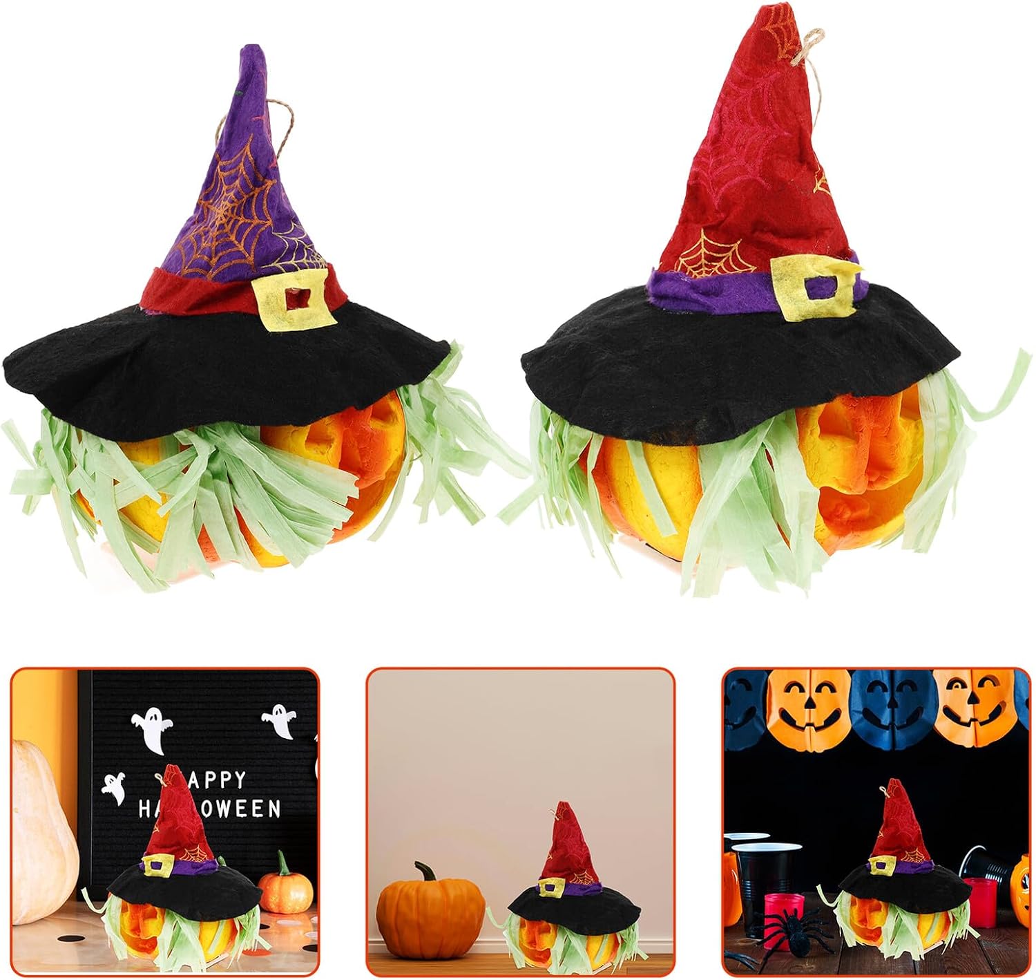 BESPORTBLE 2pcs Halloween Pumpkin Lantern Foam Decorative Hanging Lights Hollow Pumpkin Lanterns with Red and Purple Hats Battery Operated Lights for Indoor Party and Festival Decor