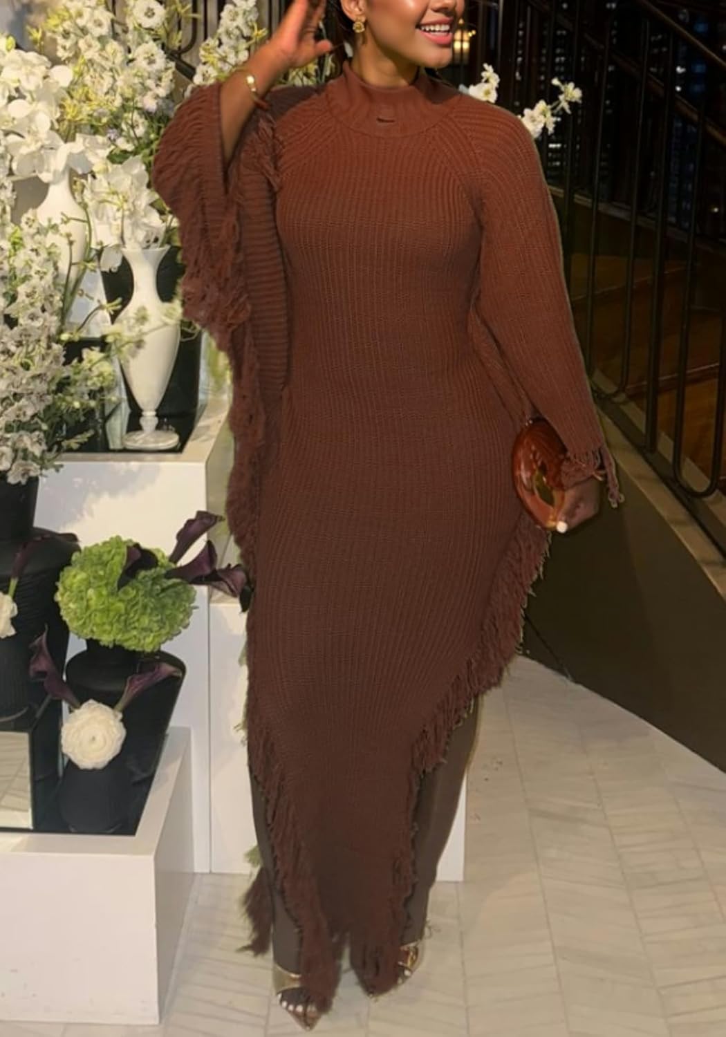 Vaceky Fringe Sweater Dresses Women Trendy Mock Neck Big Bell Sleeve High Slit Dress - Image 3