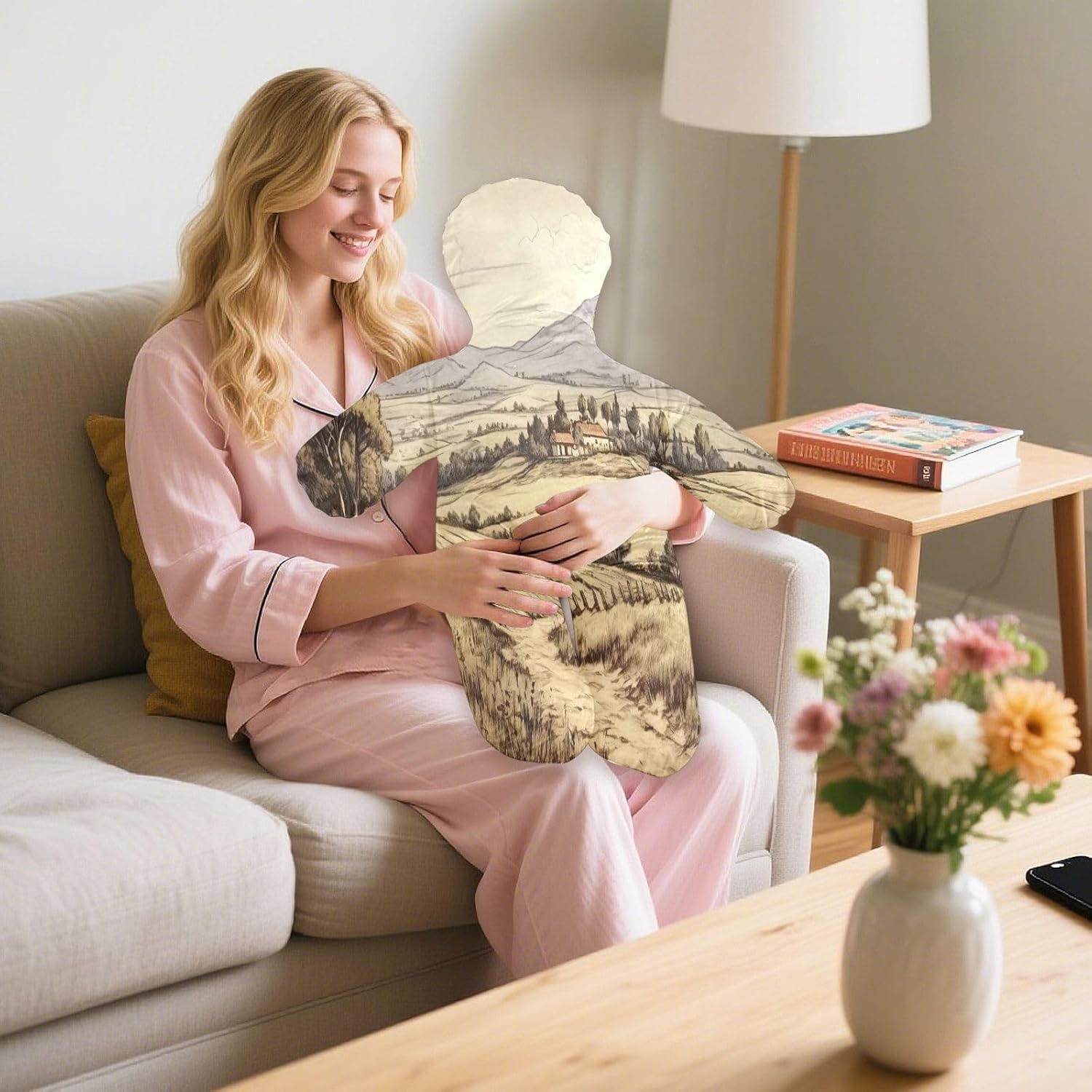 Vintage Hilly Field Human-Shaped Pillow Soft Body Pillows Washable Velvet Pillows for Anxiety Relief Sleeping Cuddling & Support
