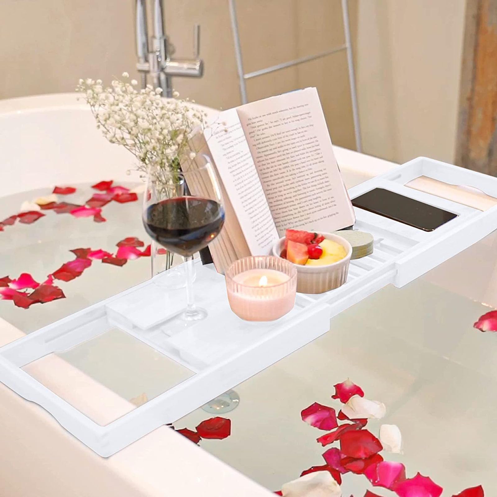 Tablett Badewannentablett Badewannenablage Mit Erweiterbaren Griffen Weinglas Telefonhalter Bücherständer Für Badezimmer Luxus Spa Aus Holz (Grau)