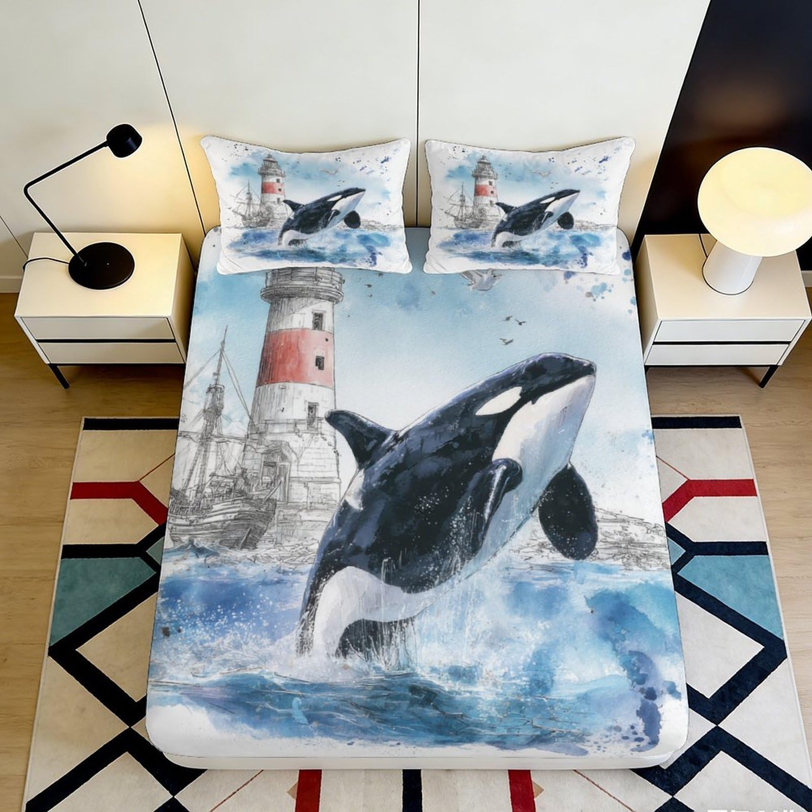 Jqzkxnhpbr Style-1 3D Printed Orca Lighthouse Fitted Sheet Microfiber Soft Breathable Ocean Bed Cover For Bedroom Guest Room Decor 90X200x25cm