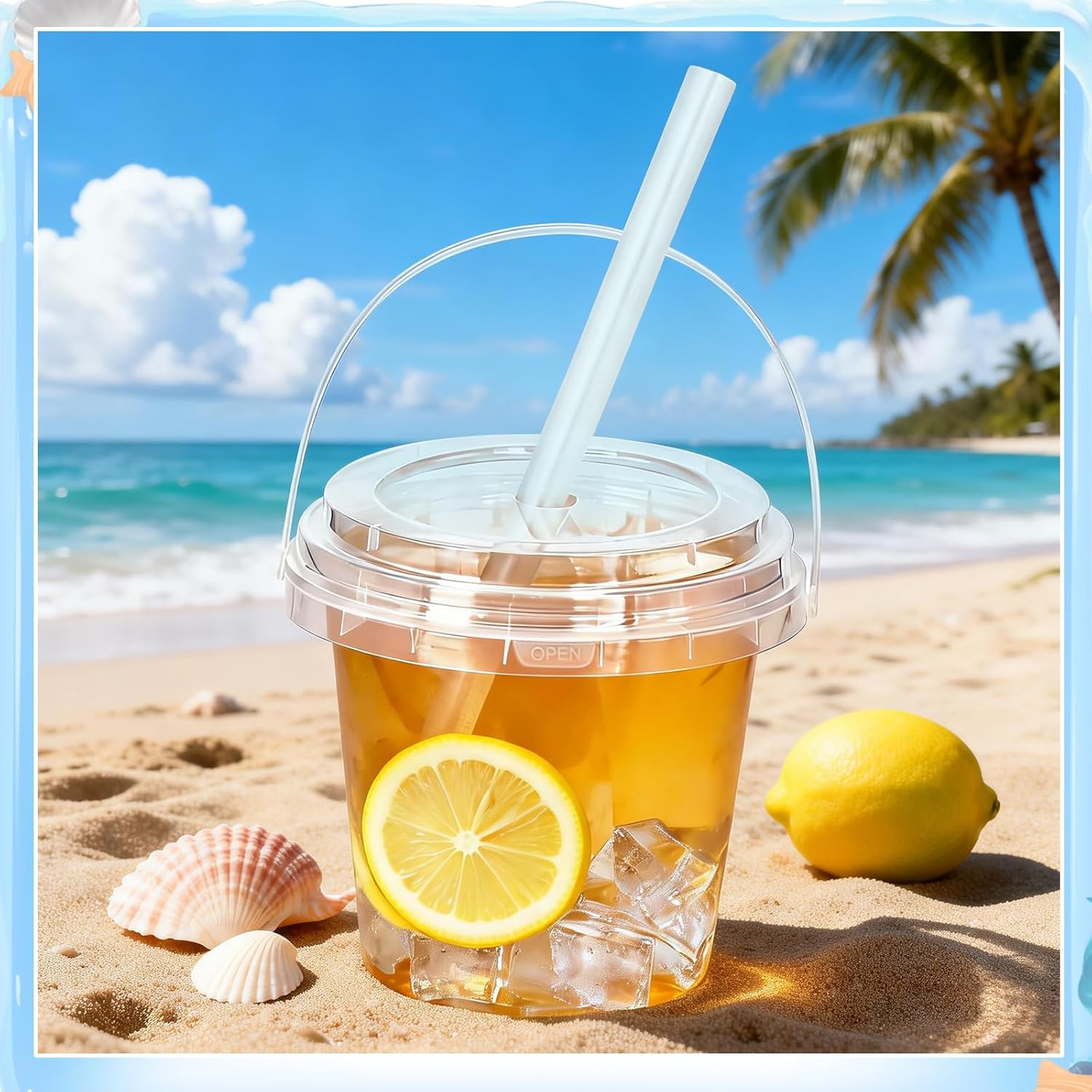 40 Set 24 oz Clear Plastic Drink Buckets with Lids & Straws, Disposable Iced Coffee & Cocktail Cups with Handles, Bulk Rum Buckets for Beach, Pool & Party Supplies