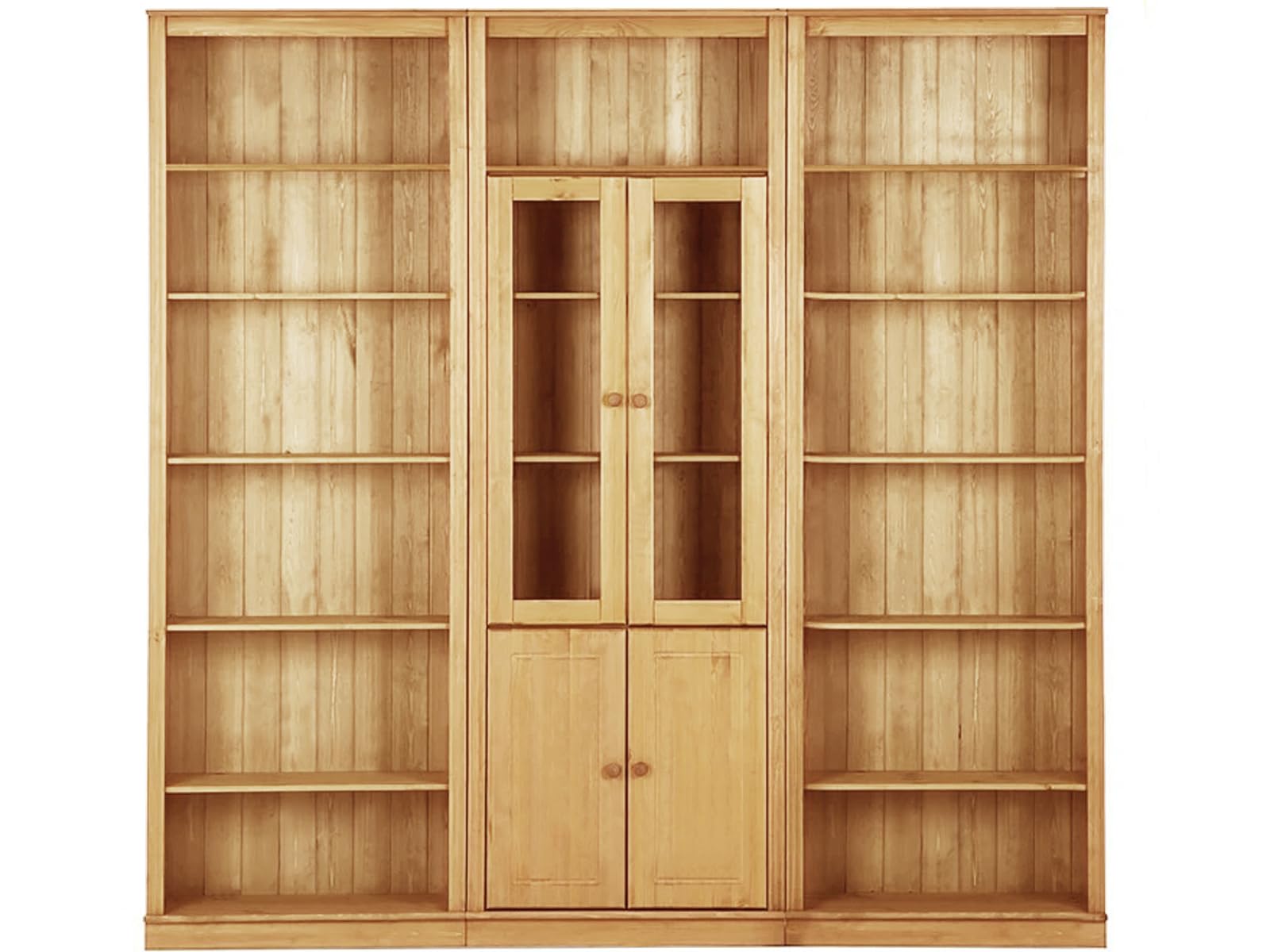 Anita Wall Unit 7 with 3 bookcases and 2 glass doors and 2 wooden doors in stained wax,37x223x222 cm (DxHxW)
