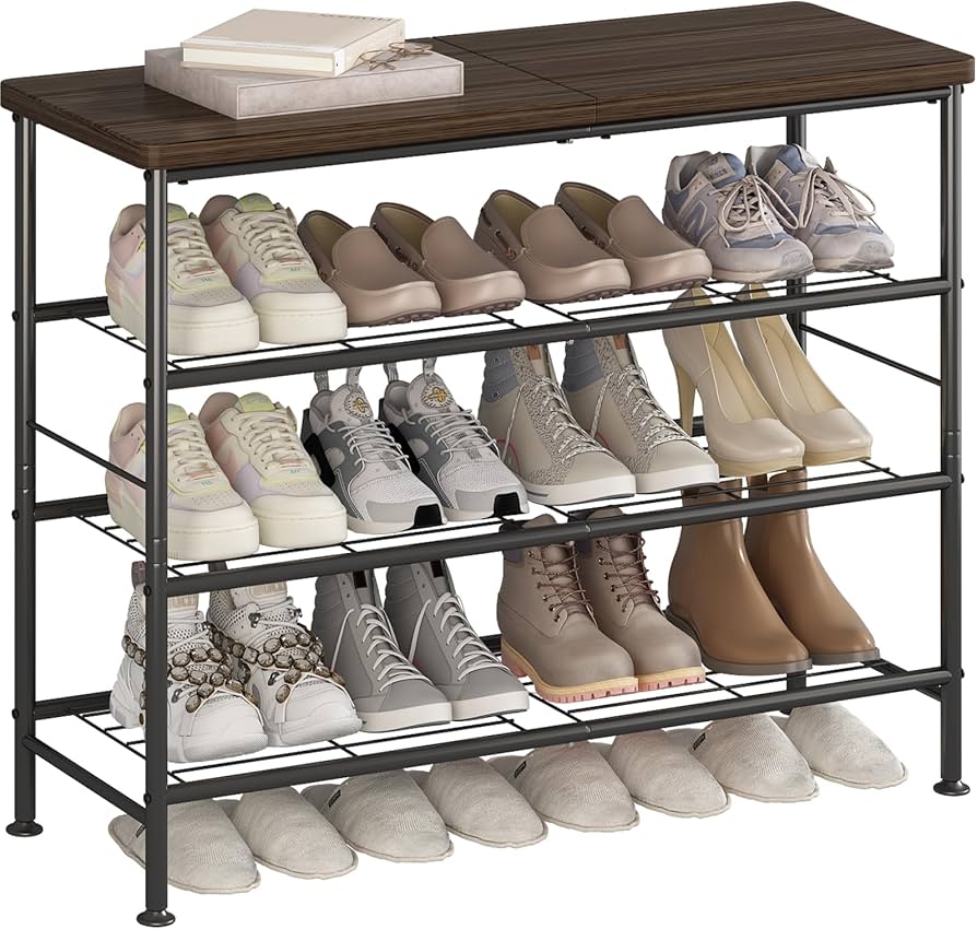 Shoe Rack Organizer 4 Tier for Closet Entryway Free Standing Metal Storage Shoe Shelf with MDF Top Board,Black