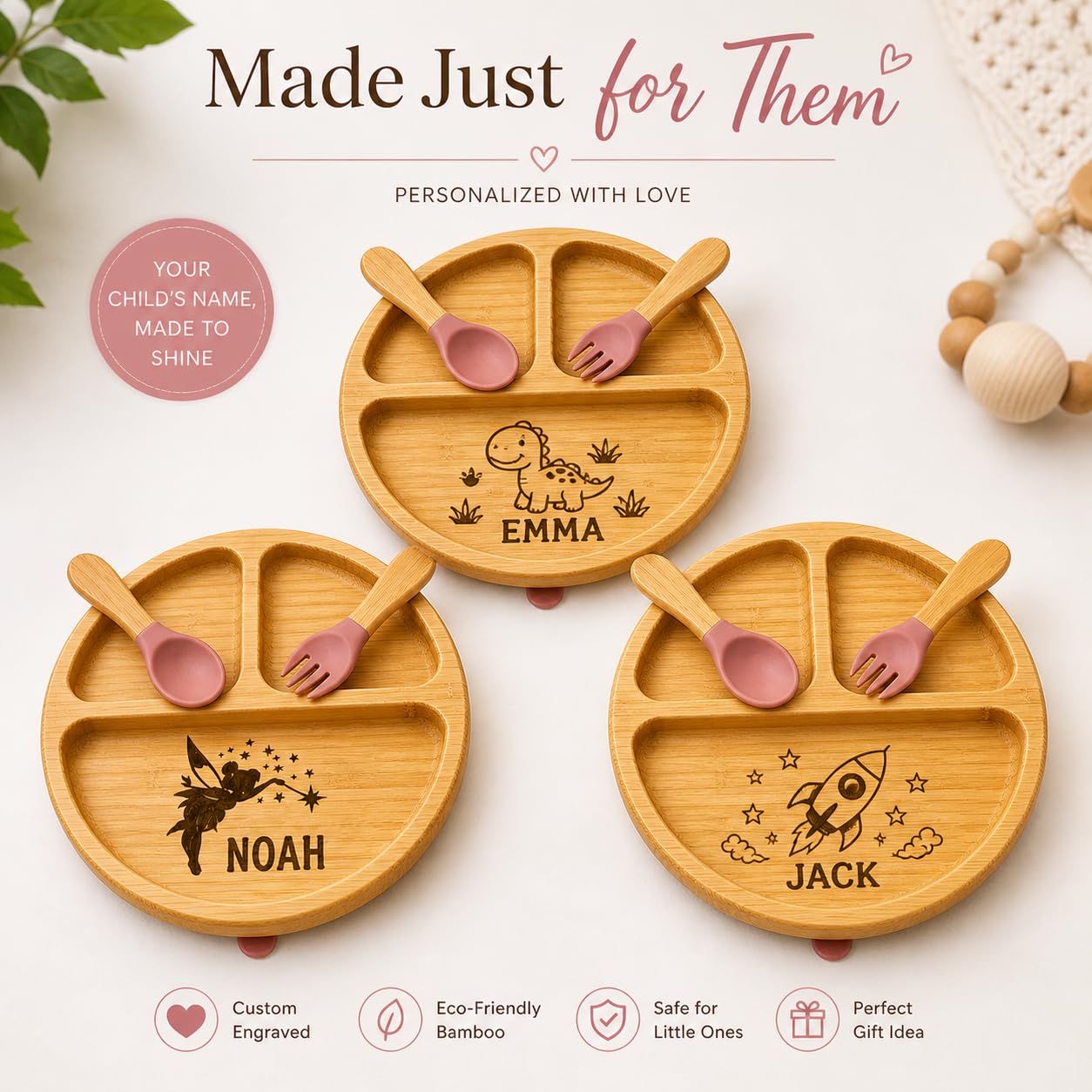 Custom Bamboo Baby Plate Set with Name – Personalized Toddler Divided Plate & Spoon, Eco-Friendly Kids Dinnerware, Baby Feeding Set, Gift for Boys & Girls