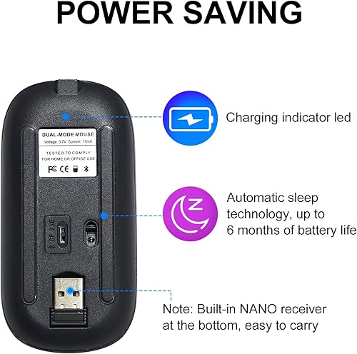 Miniatura 5 de Ratón Bluetooth delgado, mouse inalámbrico USB con receptor nano de 2.4 GHz, mouse pequeño portátil compatible con iPad, tableta, computadora,