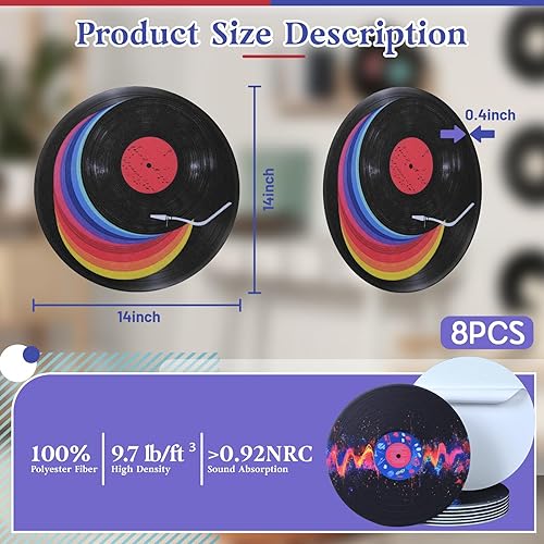 Miniatura 6 de Paquete de 8 paneles acústicos artísticos, redondos autoadhesivos de 14 x 14 x 0.4 pulgadas, paneles decorativos de absorción de sonido, tratamiento