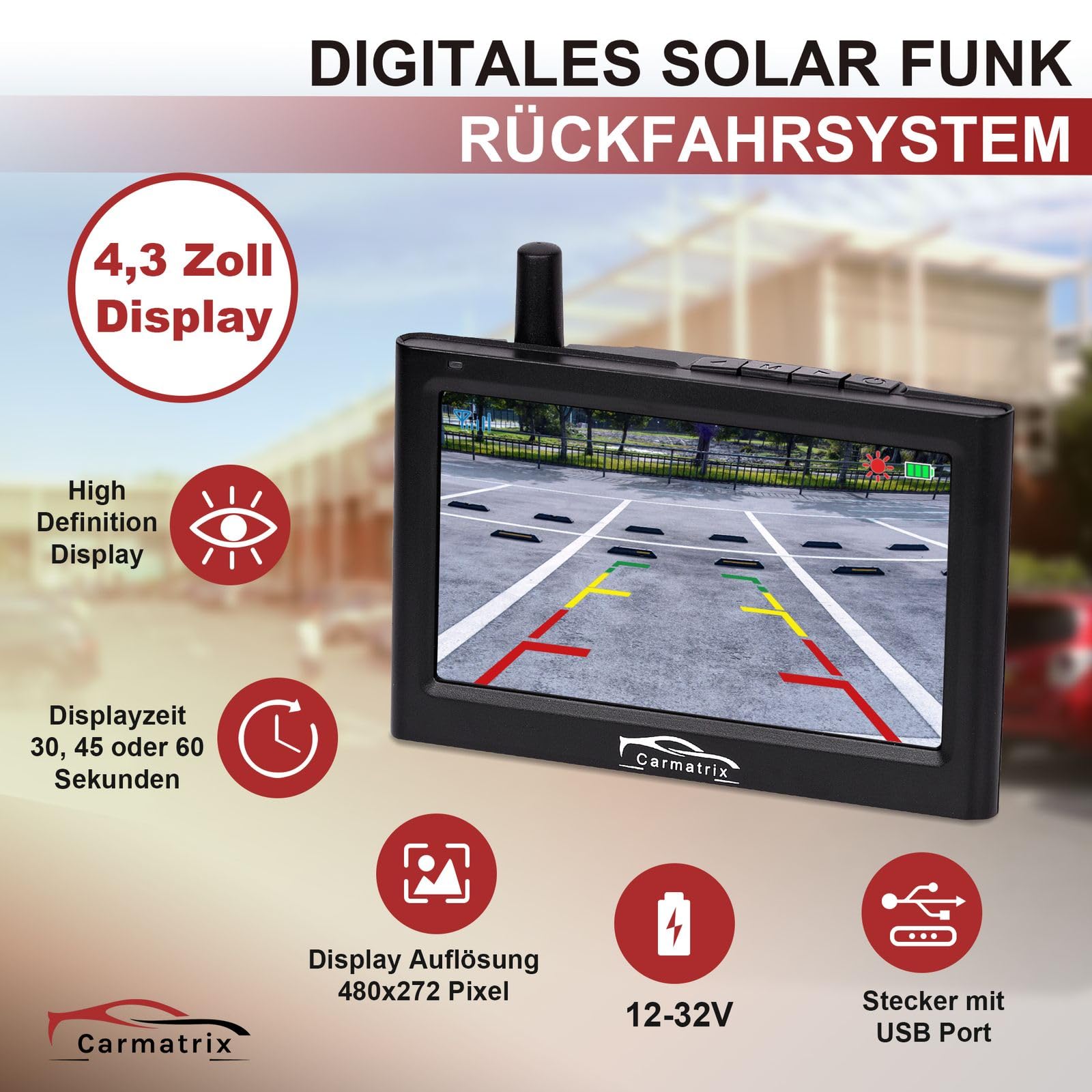 Funk Solar Auto Rückfahrkamera solarbetrieben im Nummernschild mit 4,3 Zoll Monitor Rückfahrsystem Solarpanel kabellos Digital