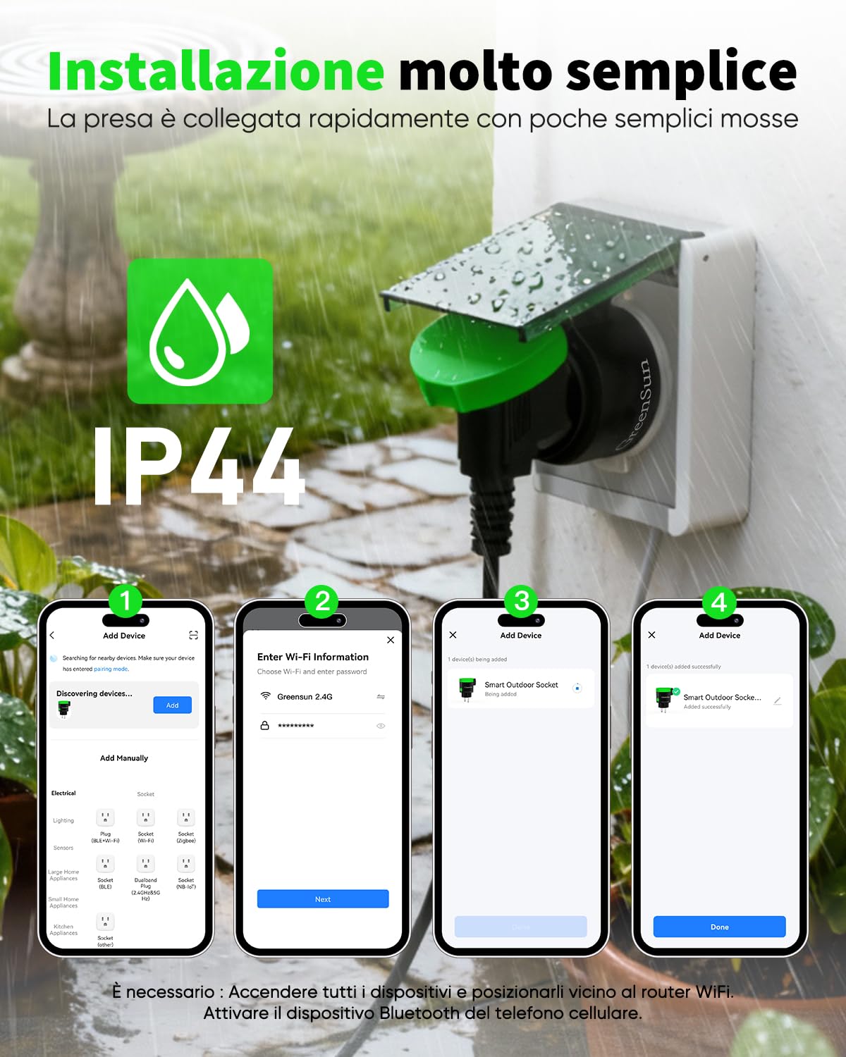 GreenSun Presa Smart Esterna - Presa Smart WiFi Outdoor Presa Intelligente Alexa Smart Life App WIFI Presa Intelligente WiFi Presa con Misura del Consumo Energetico 16A 4PC | La presa Wi-Fi IP44 misura il consumo, offre timer e orari e può essere controll