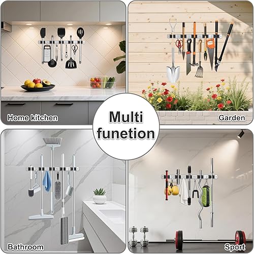 Miniatura 4 de HANZENMA Soporte de pared para escoba, organizador de escoba de acero inoxidable y colgador de trapeador, organización de almacenamiento resistente