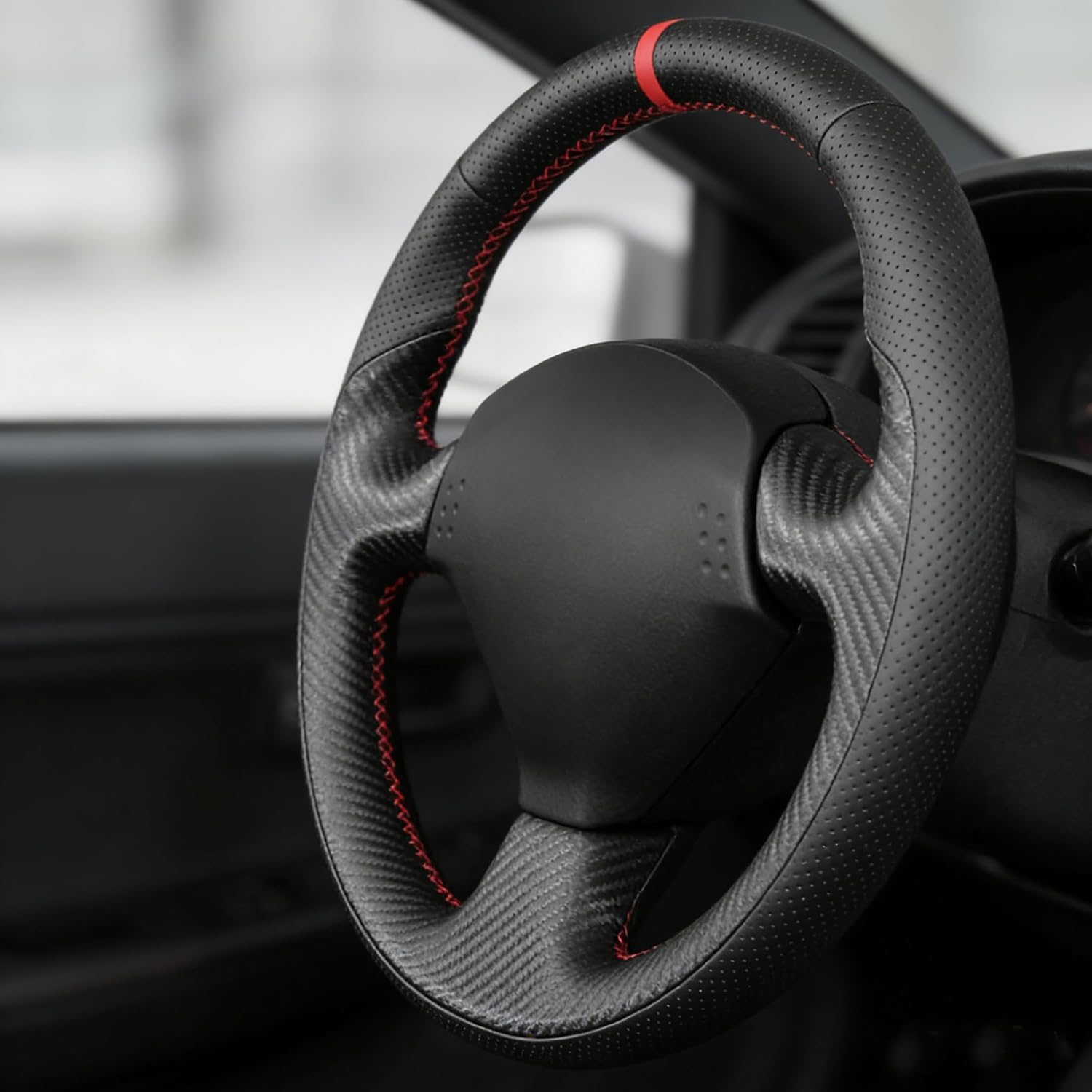 Carbon Fiber Leather Hand Stitched Steering Wheel Cover for Honda Civic Si 2002 2003 2004 2005,Honda S2000 2000-2005 2006 2007 2008 2009, Acura RSX 2002-2006 15 Inches Custom Fit Interior Accessories