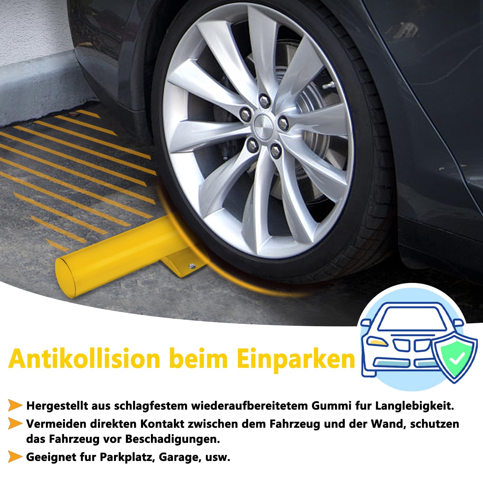 Aufun Tope de Rueda 1u, Limitador de Parking Metal 180x13.5x9.5cm con Tornillo Expansión, Barrera y Ayuda Estacionamiento, Negro/Amarillo
