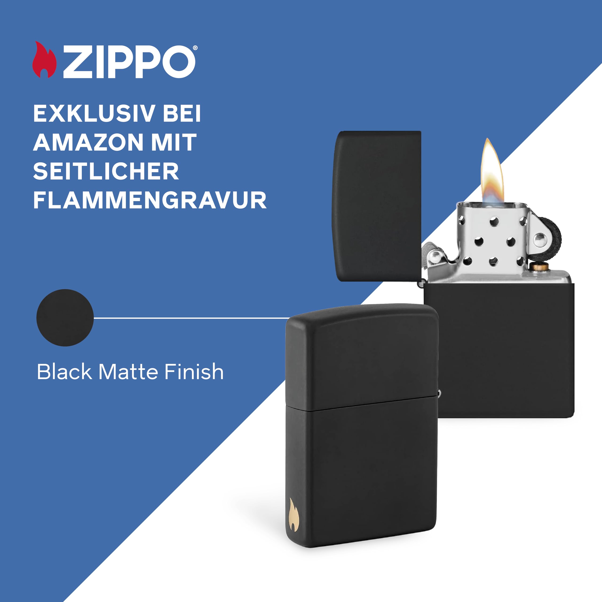 Zippo Sturmfeuerzeug - Black Matte mit seitlicher Flammengravur - Nachfüllbar - Wiederverwendbar - Windfestes Design - Geschenkbox - Made in USA - Amazon Exclusive – Bild 2