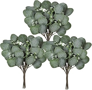 Winlyn 18 Pcs Seeded Eucalyptus Leaves Stems Bulk Artificial Greenery Faux Face Silver Dollar Eucalyptus Plant Branches fo...