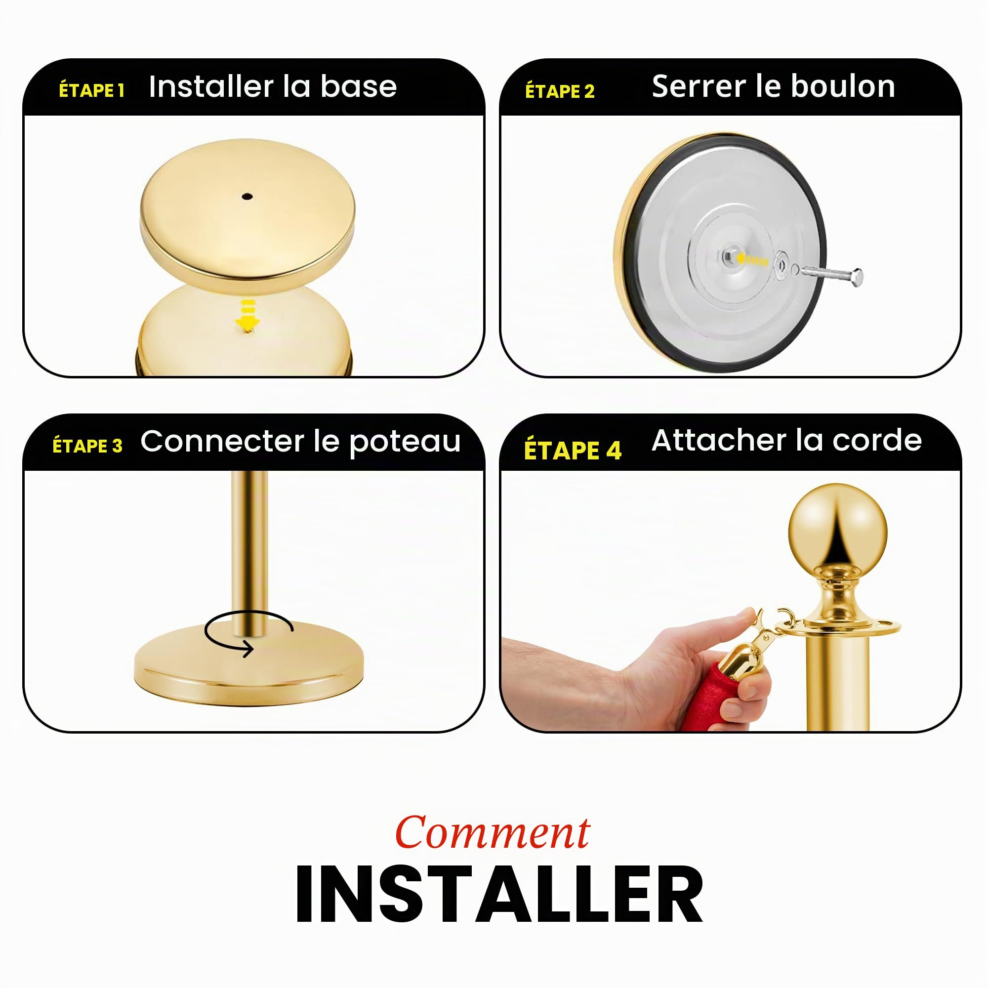 Poteaux intercalaires en acier inoxydable doré, 2 pièces, hauteur 90 cm, argenté avec corde en velours rouge de 1,5 m, connexion 4 voies, base de 31 cm de diamètre, contrôle de foules