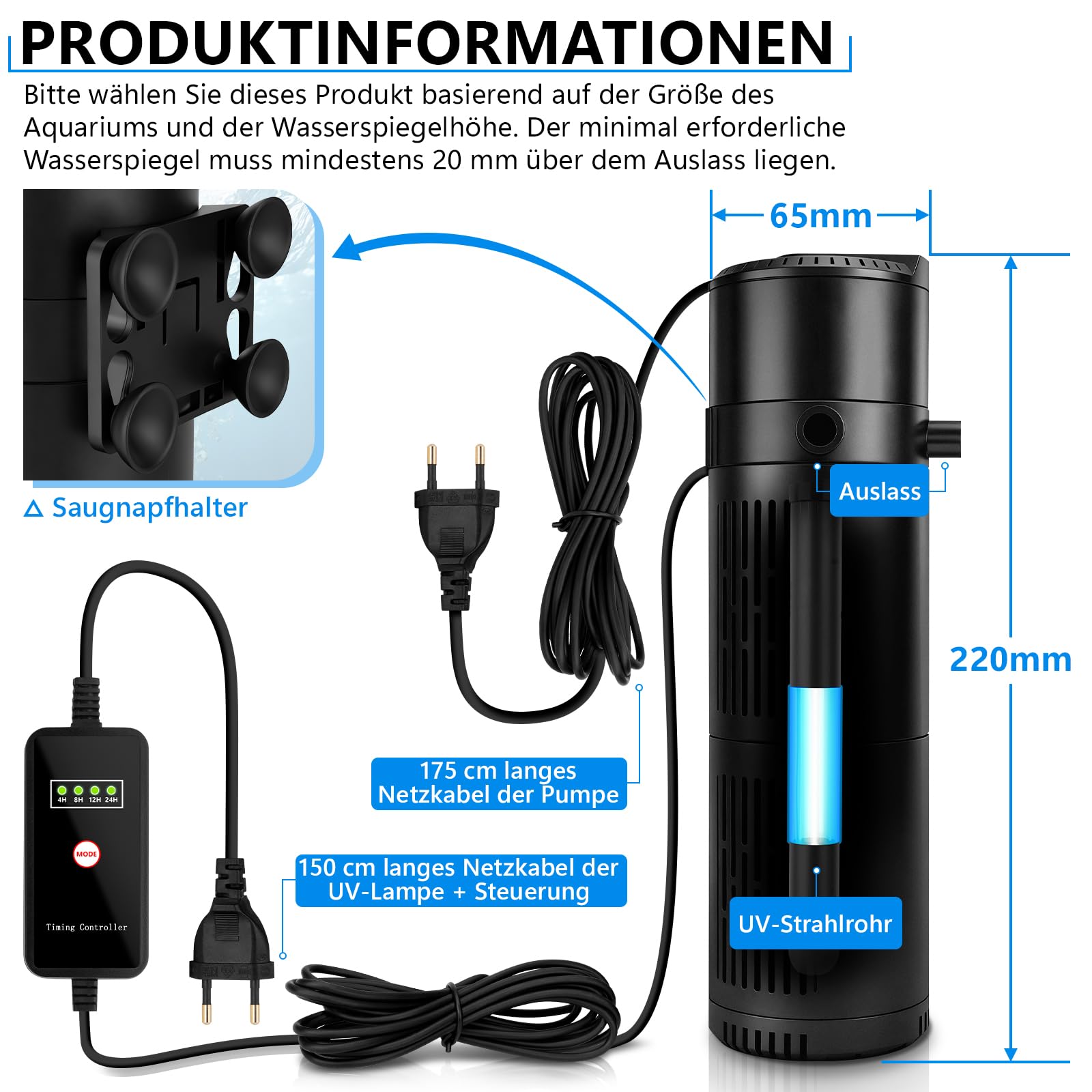 12W Aquarium Innenfilter mit U-V-Funktion für 150-300L Fischtank, 5W UVC Klärer Aquarium, 800L/h Kristallklar Algenvernichter Wasserpumpe Luftzufuhr Strömungspumpe für Süß und Salzwasser Aquarien