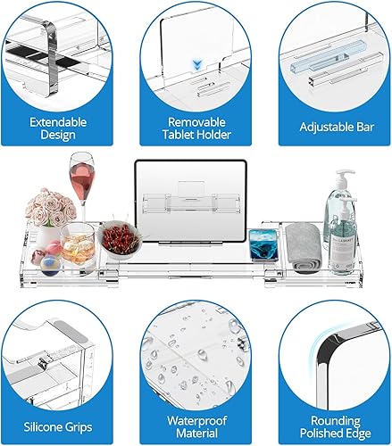 Miniatura 5 de WINFFOR Bandeja de bañera acrílica expandible para bañera, bandeja de baño de 32 pulgadas para bañera, bandeja ajustable con lados extensibles