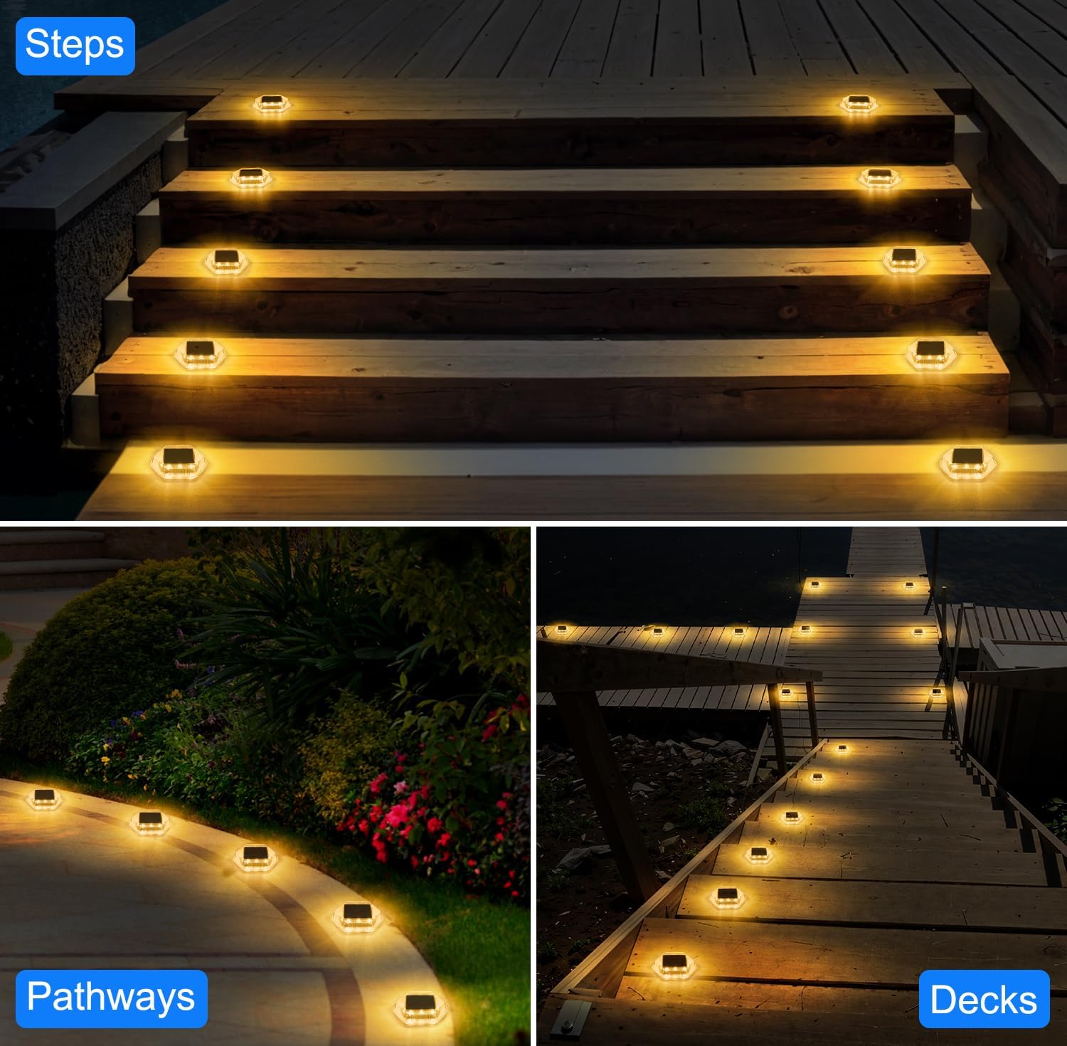 Solar Deck Lights Dock Step Lights- 8 Packs Waterproof 1200mAh Auto ON/Off LED Solor Powered Stair Lighting for Outdoor Garden, Patio, Pathway, Walkway, Driveway (Warm White)