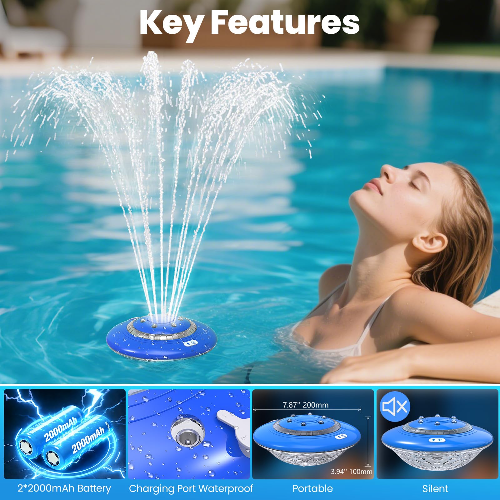 Fontaine de piscine flottante avec spectacle de lumières, 9 modes d'éclairage de piscine et 3 modes de fontaine avec télécommande pour piscine hors sol creusée, fontaines de piscine rechargeables