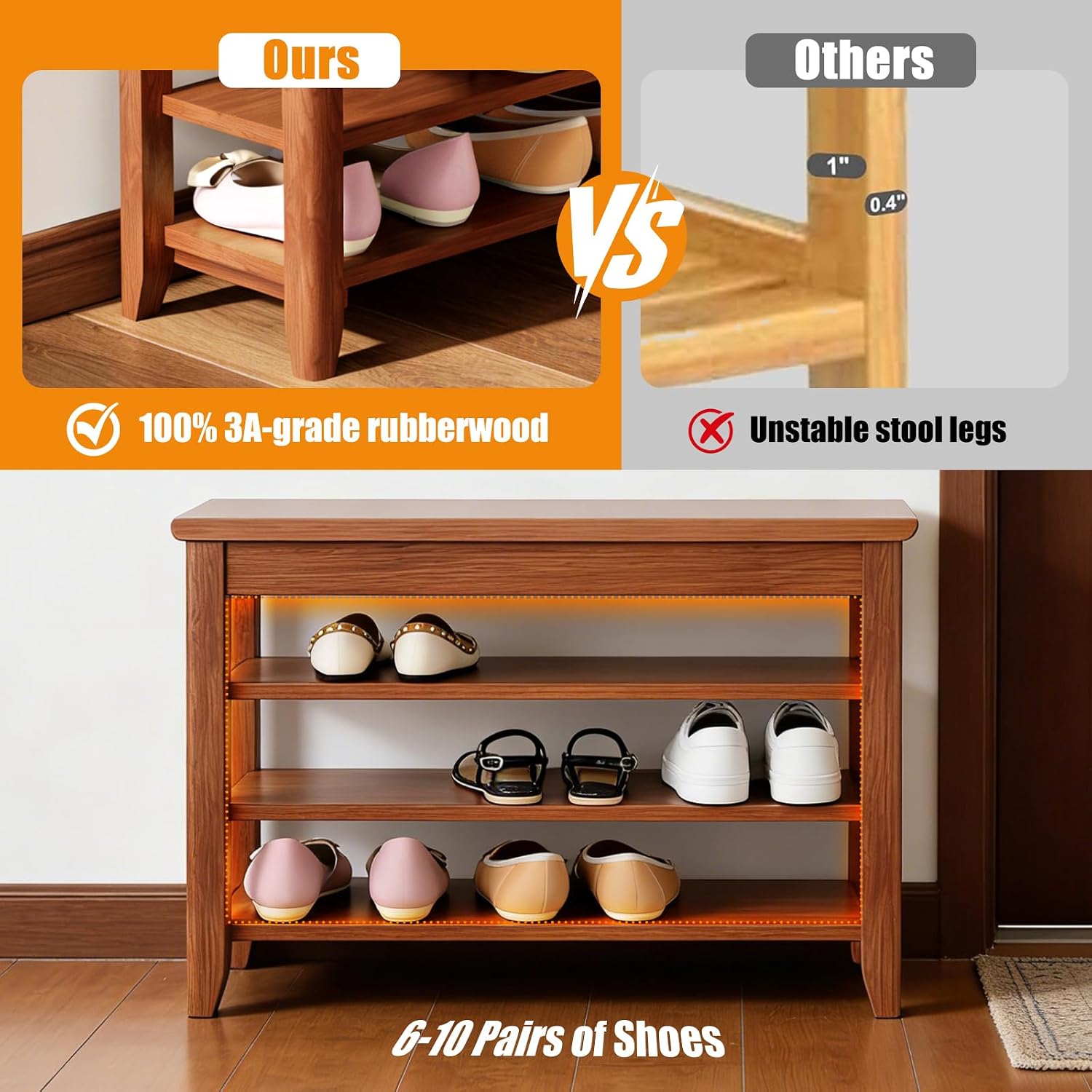 31.5'' Solid Wood Shoe Storage Bench, 550 LBS Capacity Flip-Up Seat, 9-Pair Console Shoe Rack with 3-Tier Adjustable Shelves for Entryway, Hallway, Closet, Foyer, Walnut
