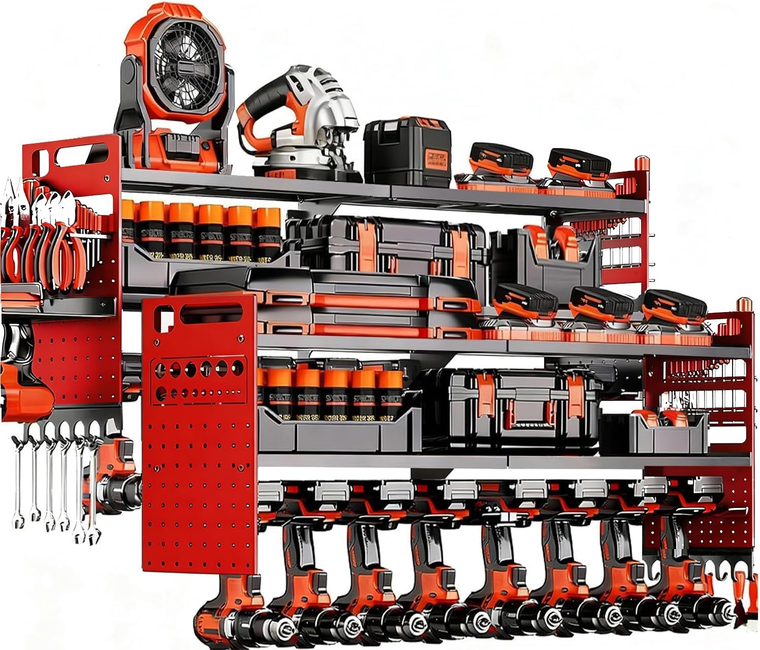 2-Pack Large Power Tool Organizer Wall Mount,Heavy Duty Cordless Tool Organizer with 18 Drill Holder,600 Lbs Capacity 3-Layer Garage Organization for Garage and Workshop (Black)