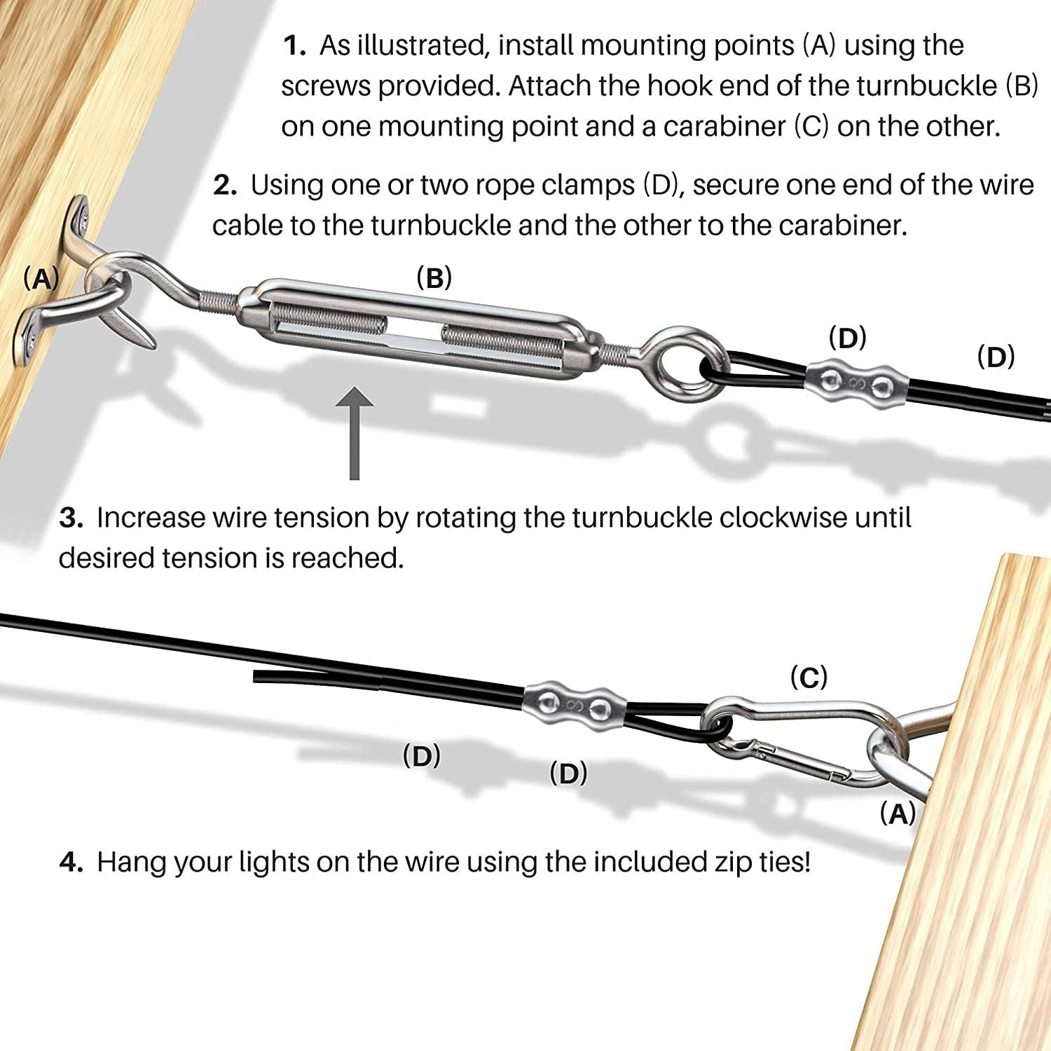 String Lights Hanging Kit,Stainless Steel Globe Lights Kit, for Heavy-Duty & Easy to Install String Light Suspension Kit for Indoor and Outdoor,200ft with Turnbuckle and Hooks