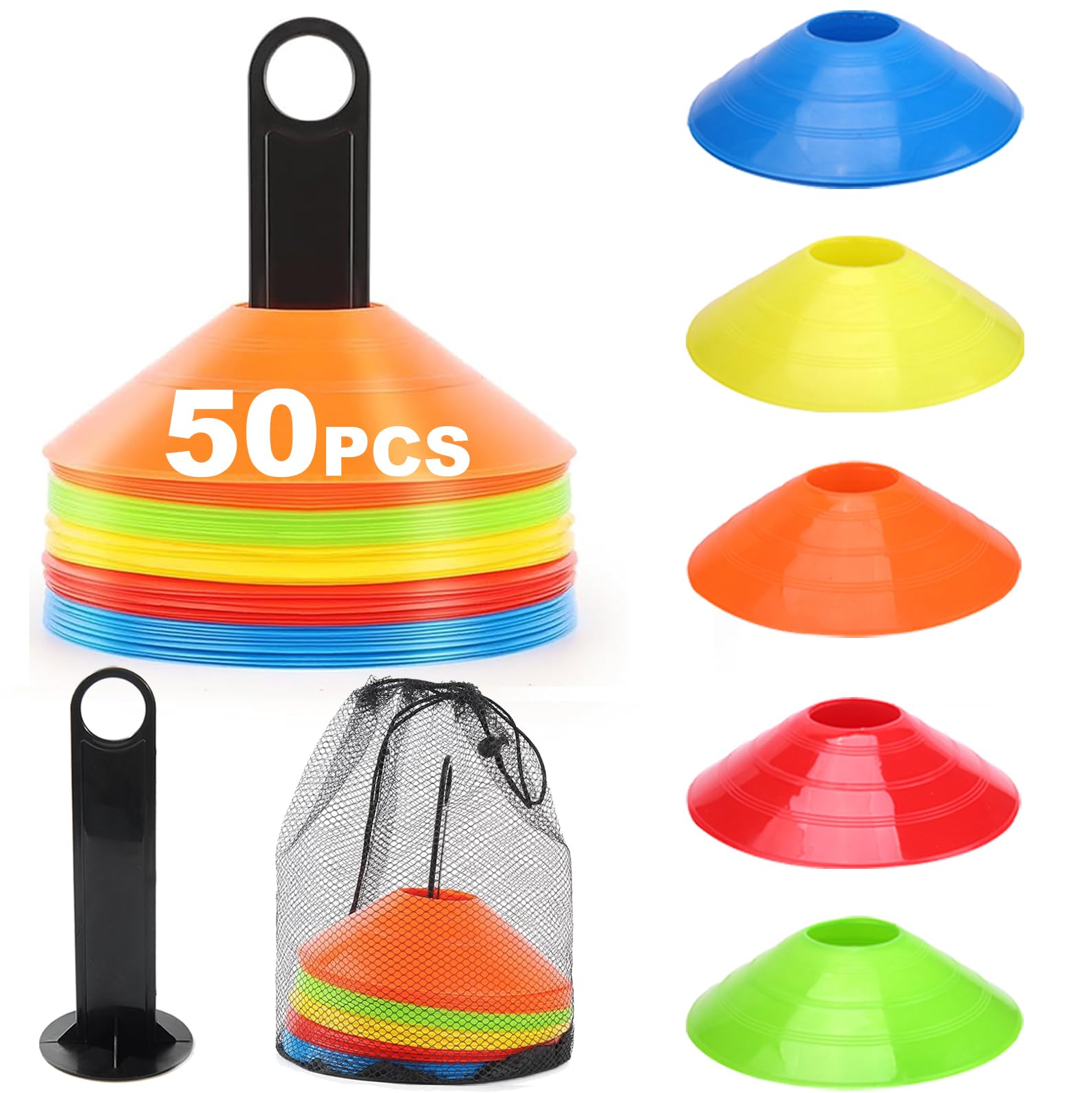 Juego de Conos de Fútbol, 50 Piezas Conos De Disco para Entrenamiento con Soporte de Almacenamiento, Bolsillos de Malla, Conos de Marcado para Entrenamiento de Fútbol y Marcado de Canchas
