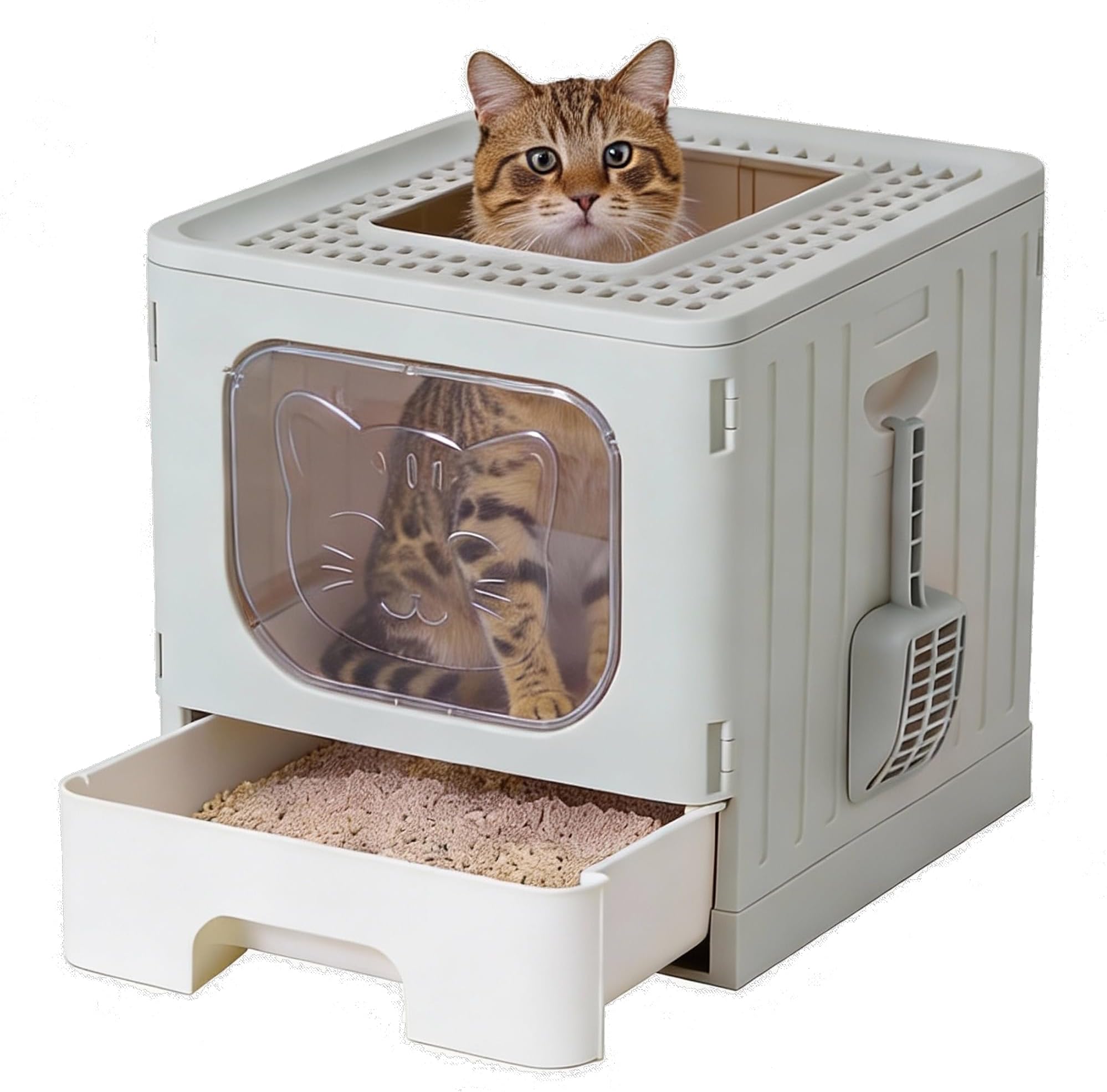 OLIXIS Cat Litter Box with Lid, Large Foldable Cat Box with Litter Scoop, Front Entry Top Exit Kitty Litter Box with Door, Easy Cleaning Drawer Design Odor Control, Grey