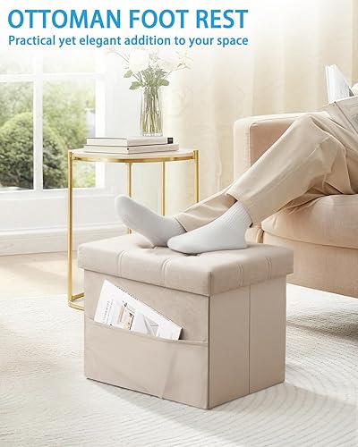 Miniatura 10 de Taburete otomano de almacenamiento, otomana plegable de 17 pulgadas con almacenamiento, banco de almacenamiento de terciopelo con bolsillo lateral,