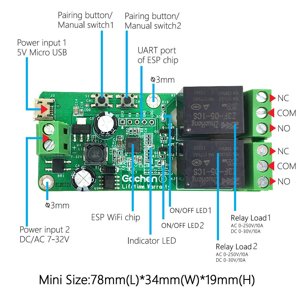 eWelink APP Modulo Interruttore Relè Wifi a 2 Canale Autobloccante Pulsante a Impulsi Momentaneo DC 5-32V, Pulsante Contatto Pulito Wifi da Applicare Al Porta del Garage, per Tapparella Alexa 2 Pezzi