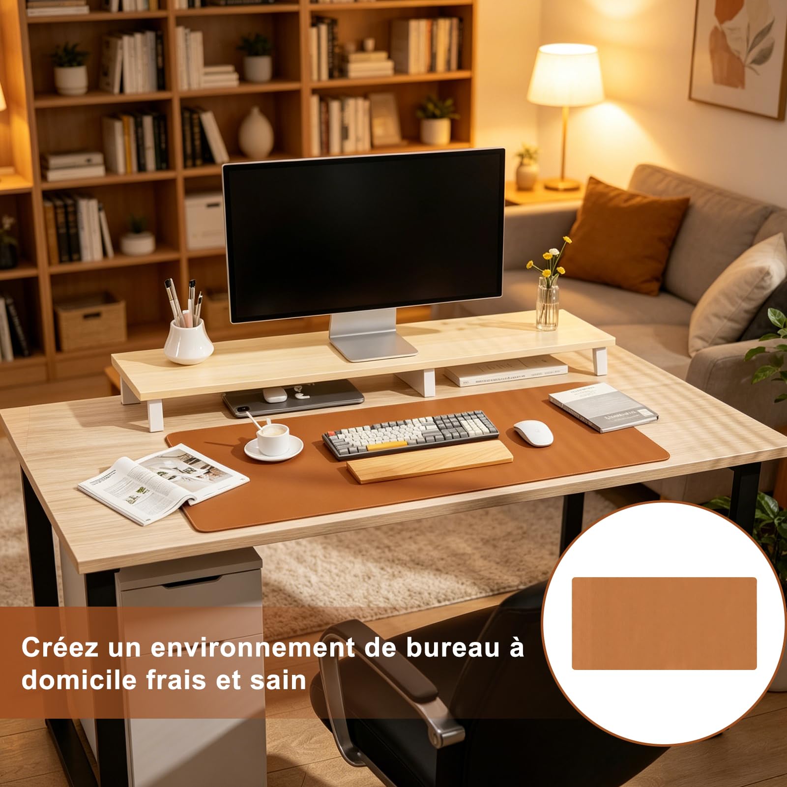 Tapis de Bureau Cuir PU Marron 90x40cm XXL – Sous-Main Antidérapant Imperméable, Protection Bureau