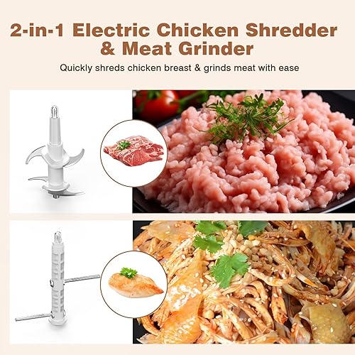 Miniatura 4 de Trituradora de pollo eléctrica 2 en 1 y picadora de carne, motor potente de 250 W, cuchillas dobles para triturar y moler, tazón de 1.5 L sin BPA,