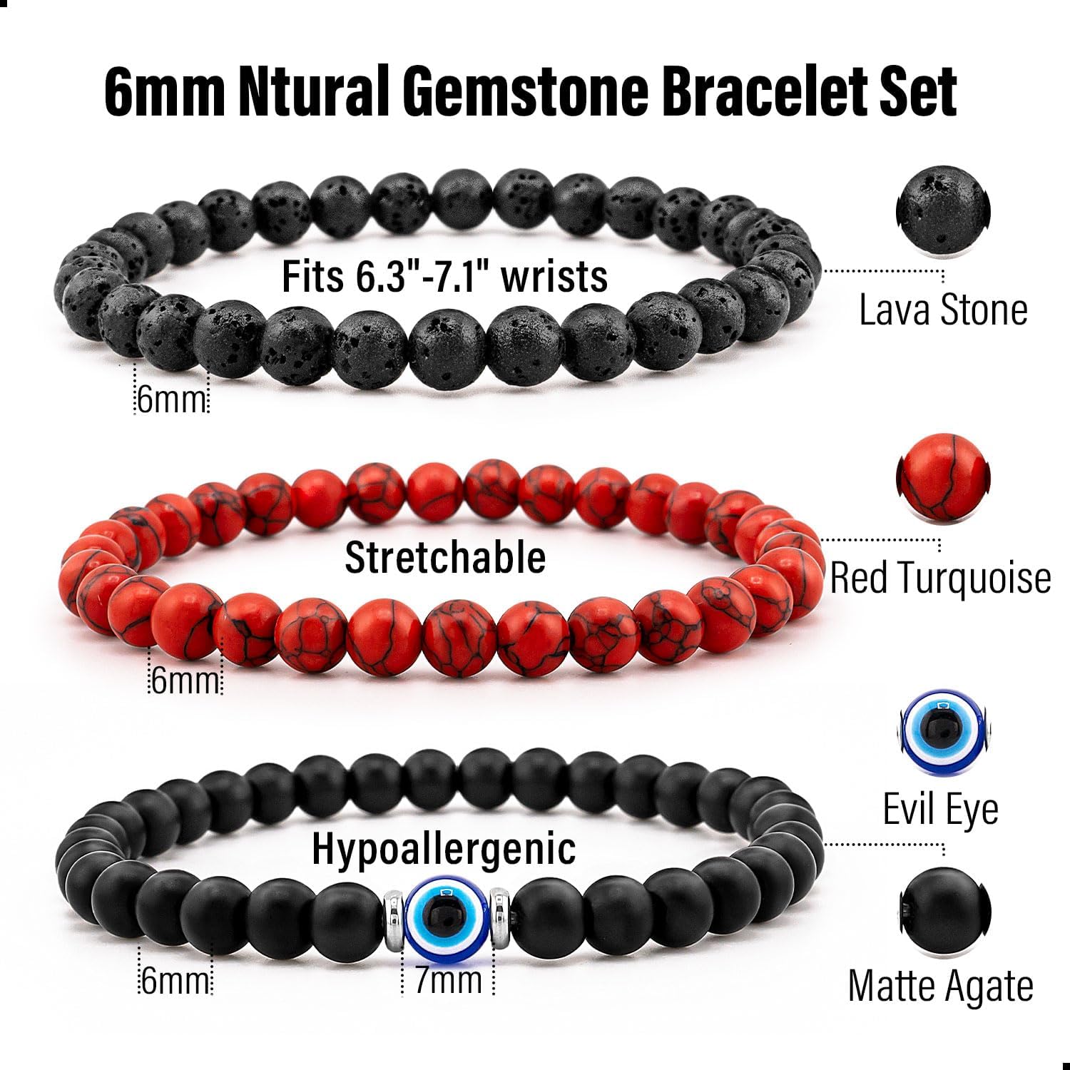 3PCS Evil Eye Bracelet 6mm Tiger Eye Natural Stone Stretch Adjustable Black Crystal Beaded Bracelet for Men Women Gifts - Image 4