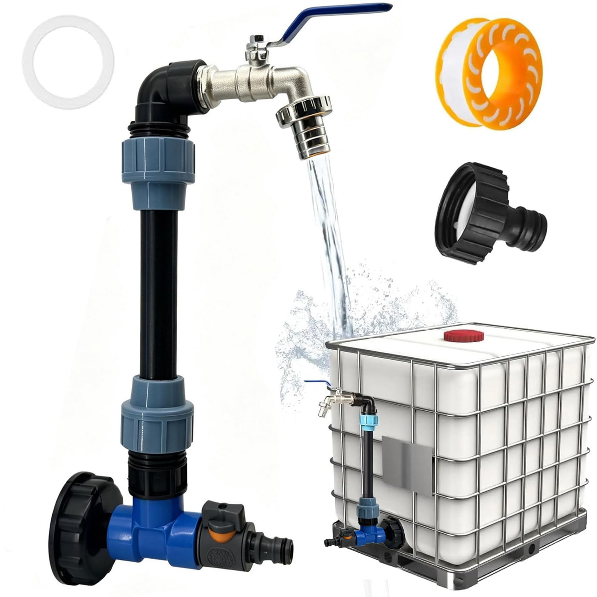 Tank Tap 1000L, Tank Fitting 1000 Liters, IBC Tap Gooseneck Tank, 2 in 1 Tank Adapter IBC S60 x 6, Coarse Thread 3/4 Inch Connection, for Water Tanks