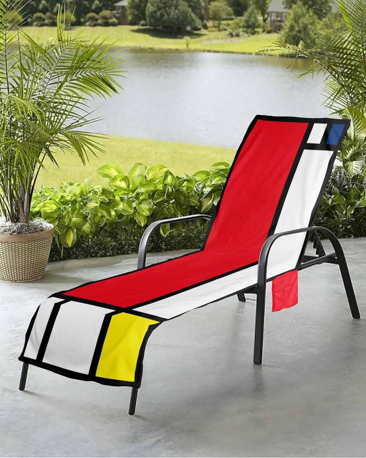 Middle Century Geometric Beach Pool Patio Lounge Chaise Chair Cover Towel With Pockets,Absorbent & Quick Dry Microfiber Towel Cover Bag Summer Accessories Modern Abstract Red Yellow Blue White Art