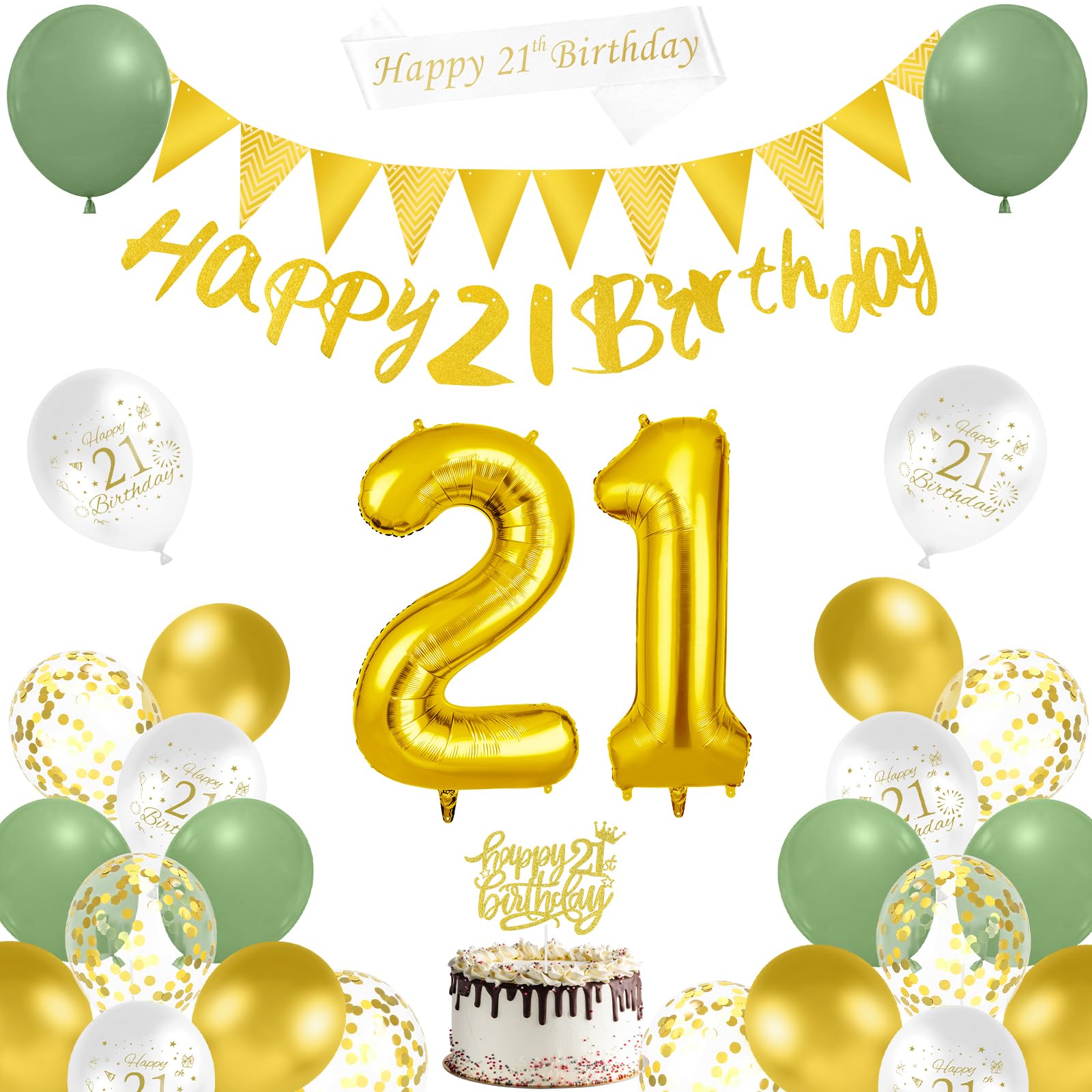 AUAUY 21st Birthday Decorations, Sage Green Gold Balloon Decoration Set