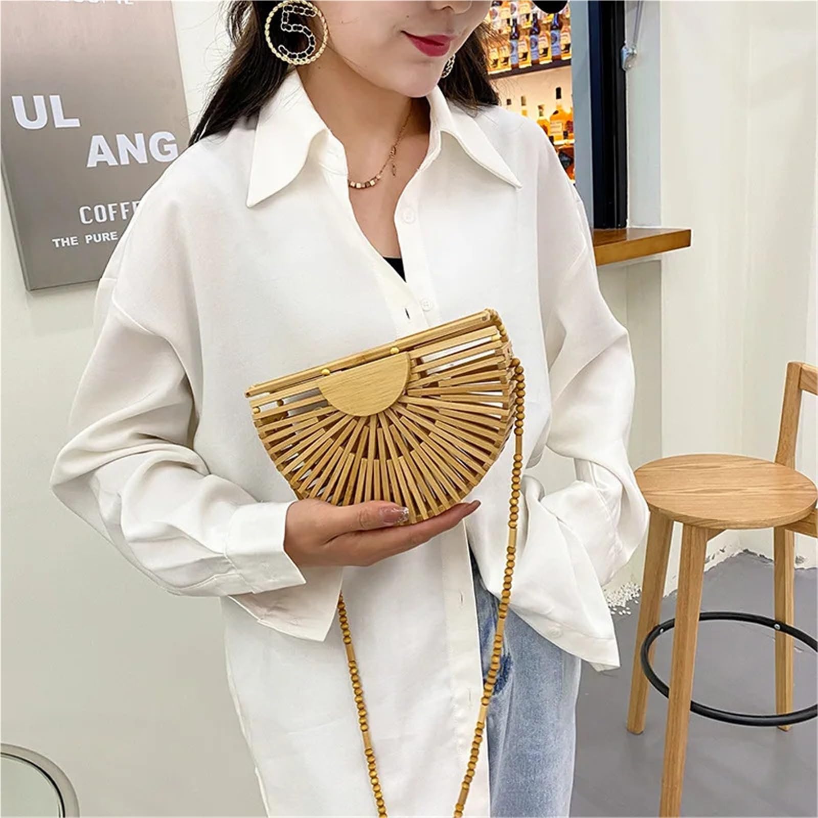 Bolsos de Paja Bolso bandolera de madera media luna for mujer, bolso paja tejido bambú for playa verano, pequeño ratán for teléfono, mini