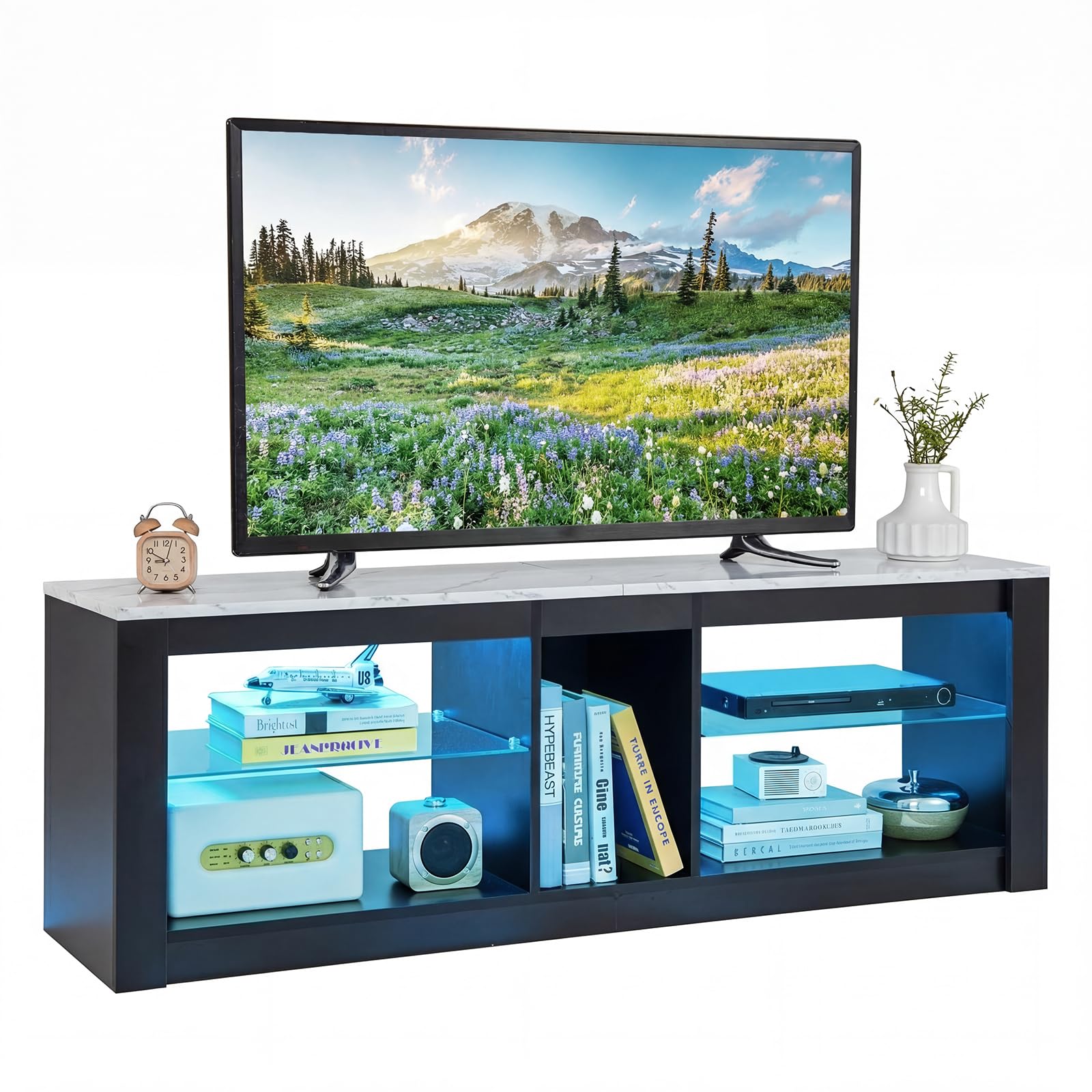 COSTWAY LED TV Stand Cabinet for 65 Inch TVs, Wooden Media Entertainment Center with RGB LED Lights and Adjustable Tempered Glass Shelves, 140cm Living Room Bedroom TV Unit Console Table (Black+Grey)